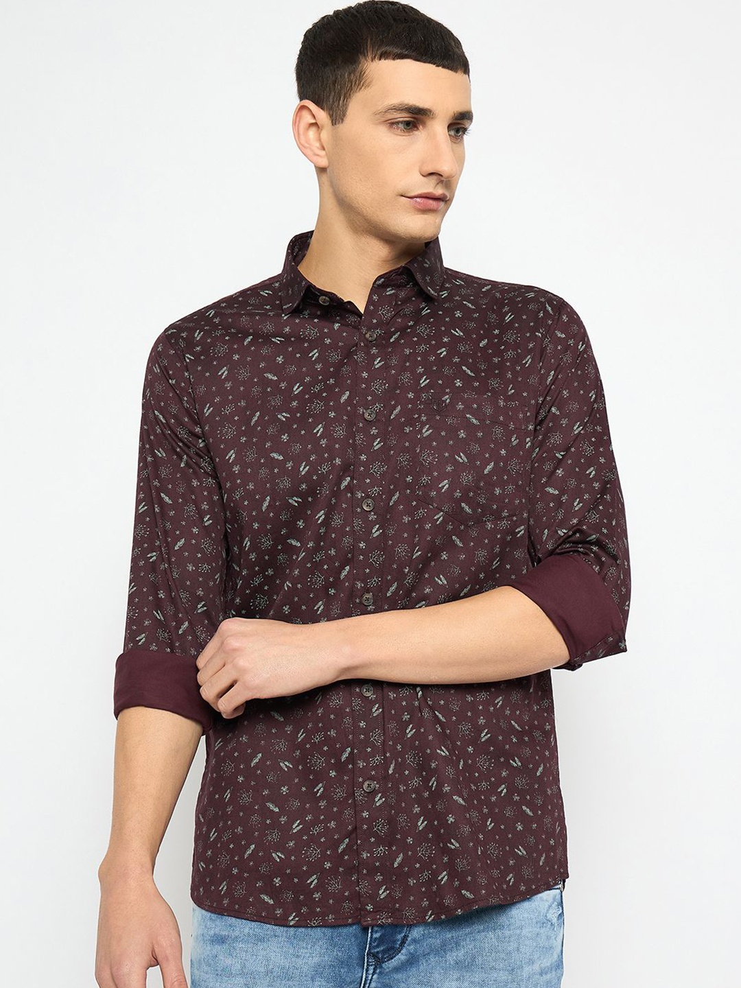 

Duke Men Slim Fit Spread Collar Floral Printed Cotton Casual Shirt, Maroon