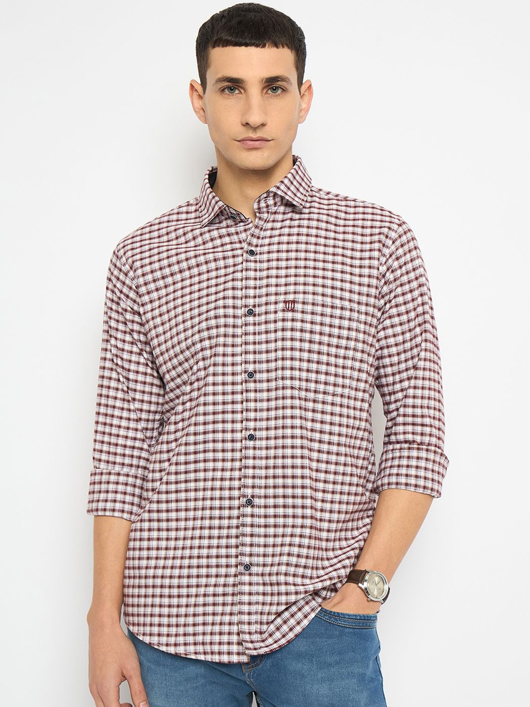 

Duke Men Spread Collar Checked Cotton Casual Shirt, Maroon