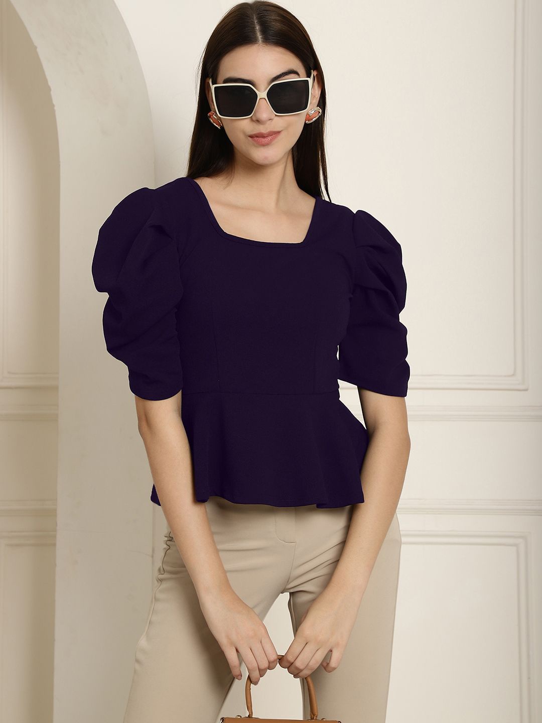 

Tromko Women Solid Square Neck Peplum Top, Navy blue