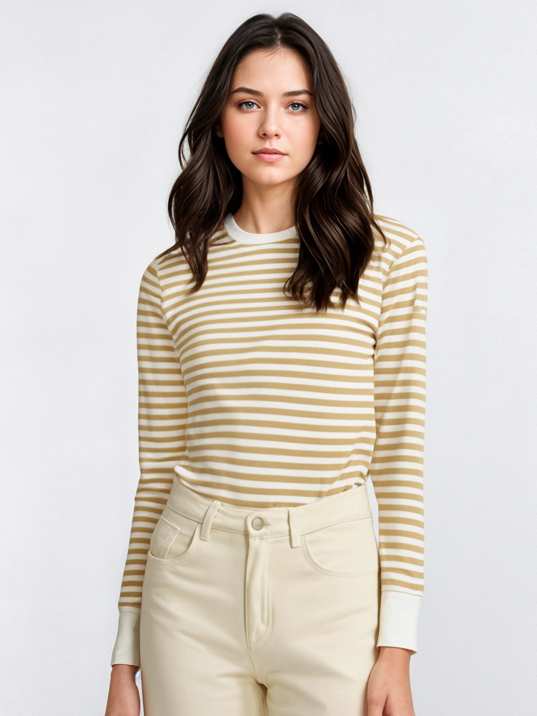 

VIMAL JONNEY Women Striped Round Neck Cotton T-shirt, Tan