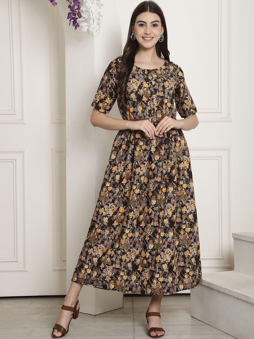 

Tromko Women Floral Printed Round Neck Short Sleeves Fit & Flare Dress, Brown