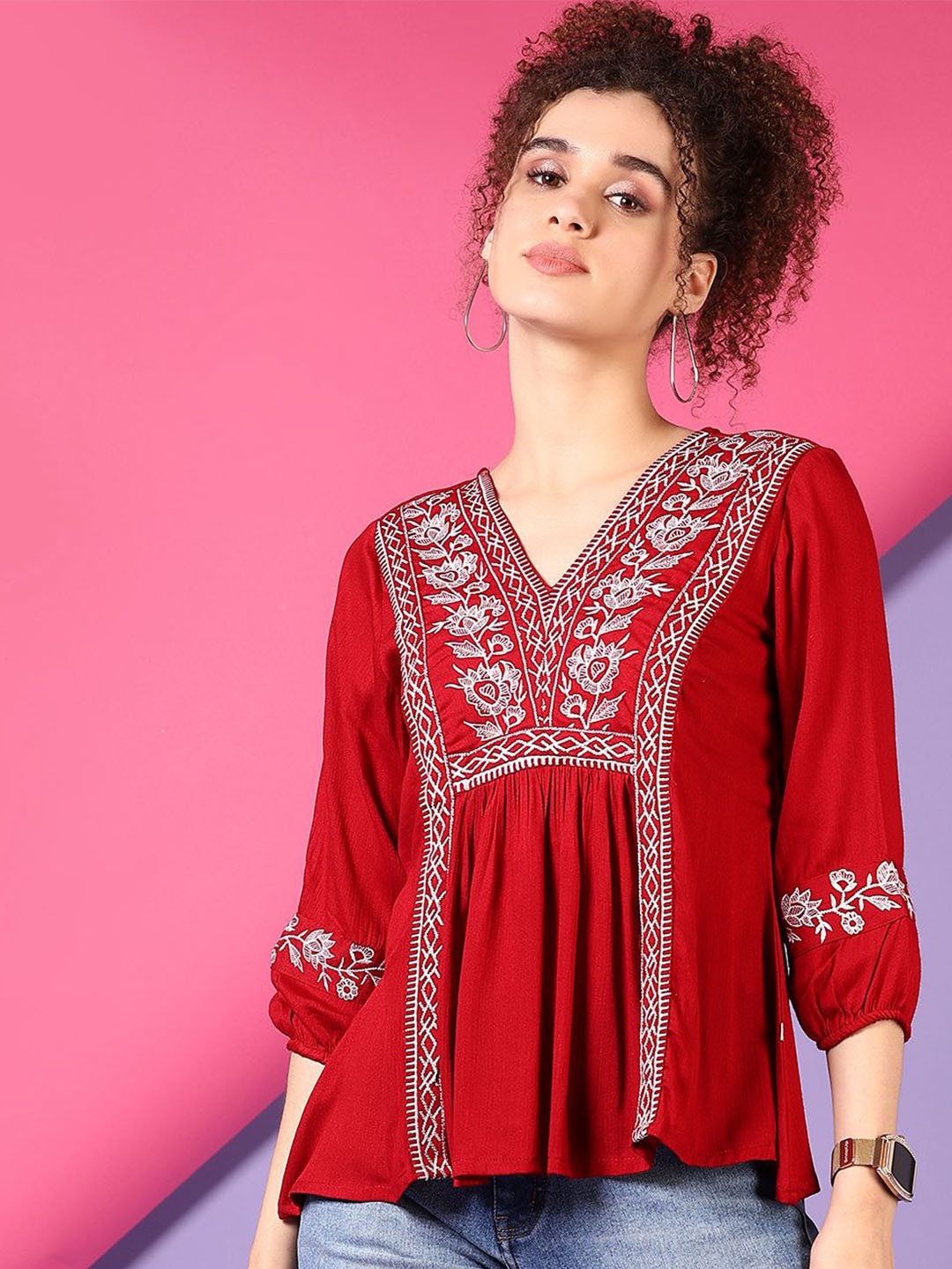 

V-Mart Floral V-Neck Pure Cotton Kurti, Maroon