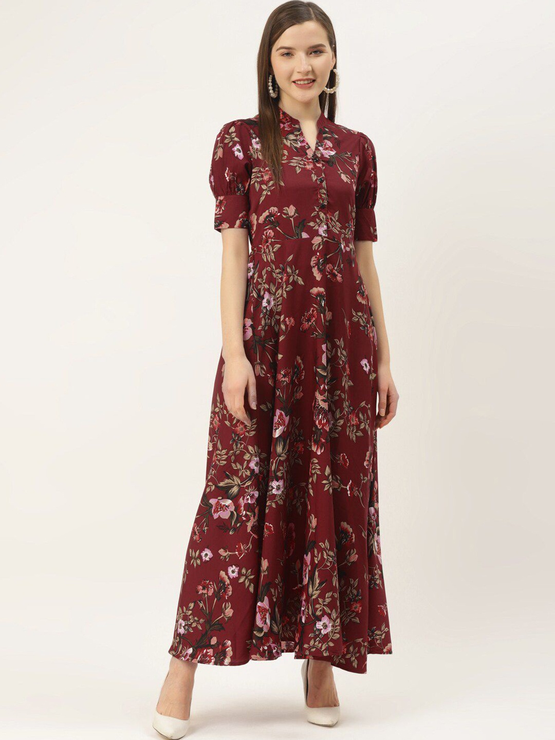 

DressBerry Women Floral Printed Fit and Flare Maxi Dress, Maroon