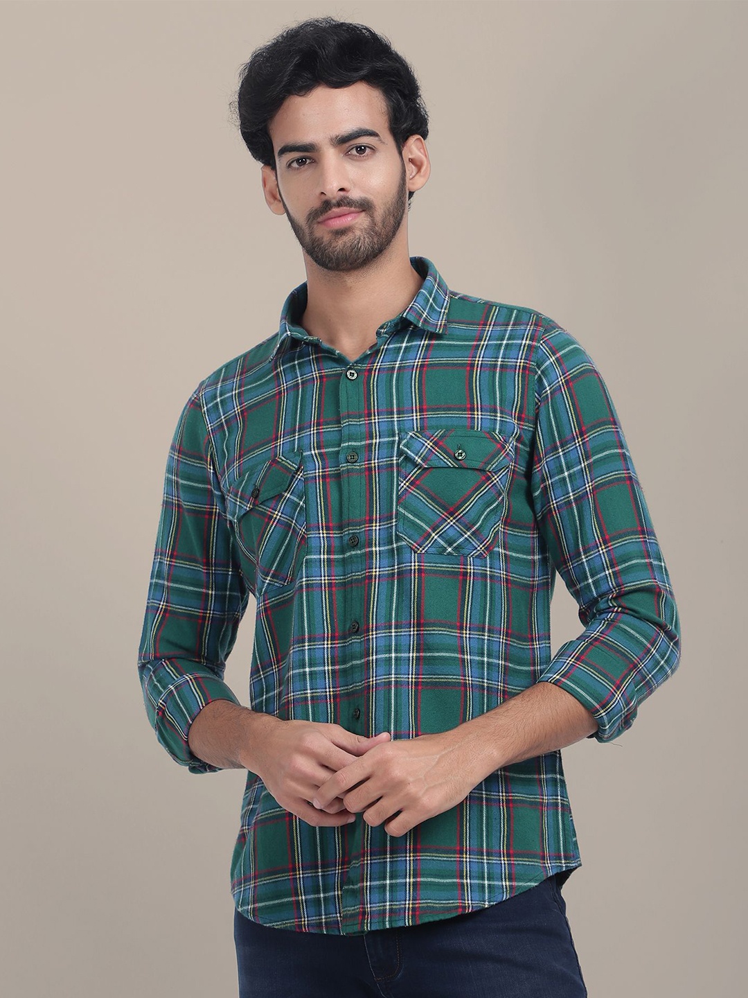 

AMSWAN Men Spread Collar Tartan Checked Cotton Casual Shirt, Green