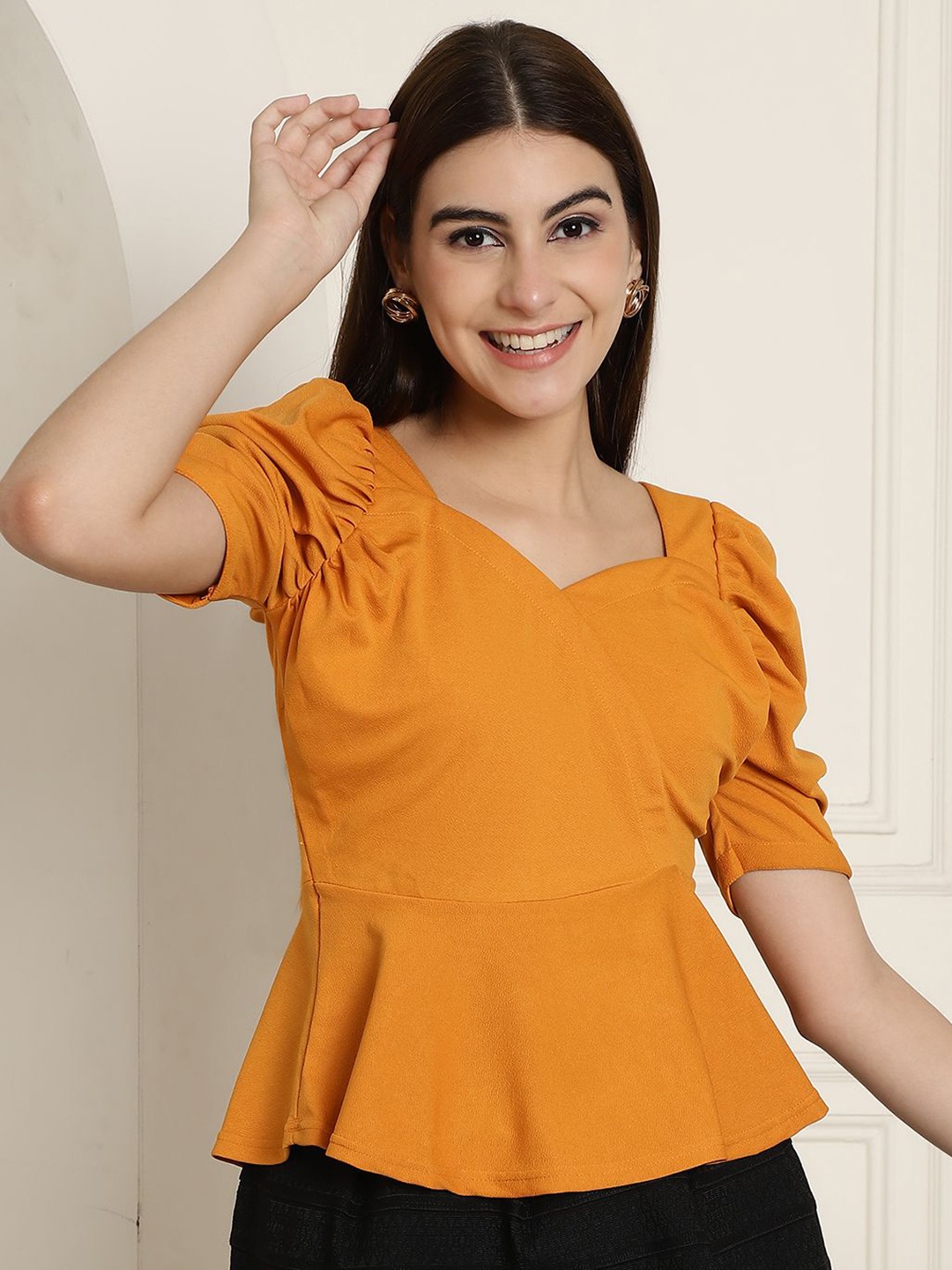 

Tromko Women Solid Sweetheart Neck Peplum Top, Yellow