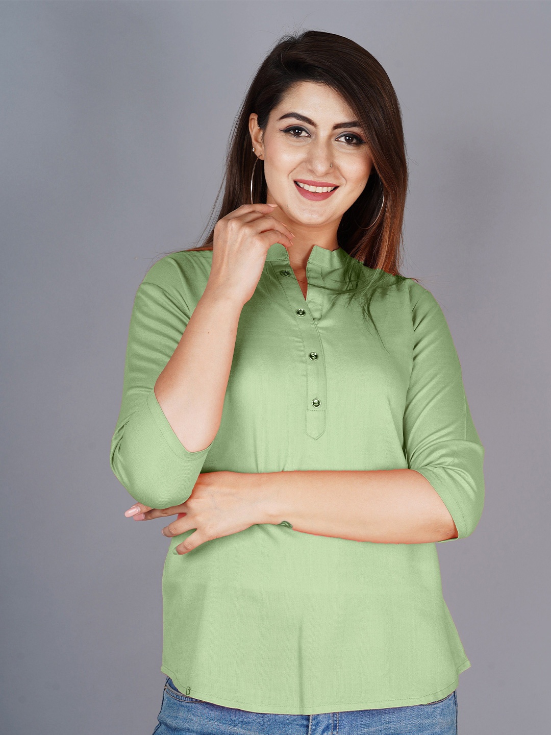 

Brijam Mandarin Collar Roll-Up Sleeves Shirt Style Top, Green