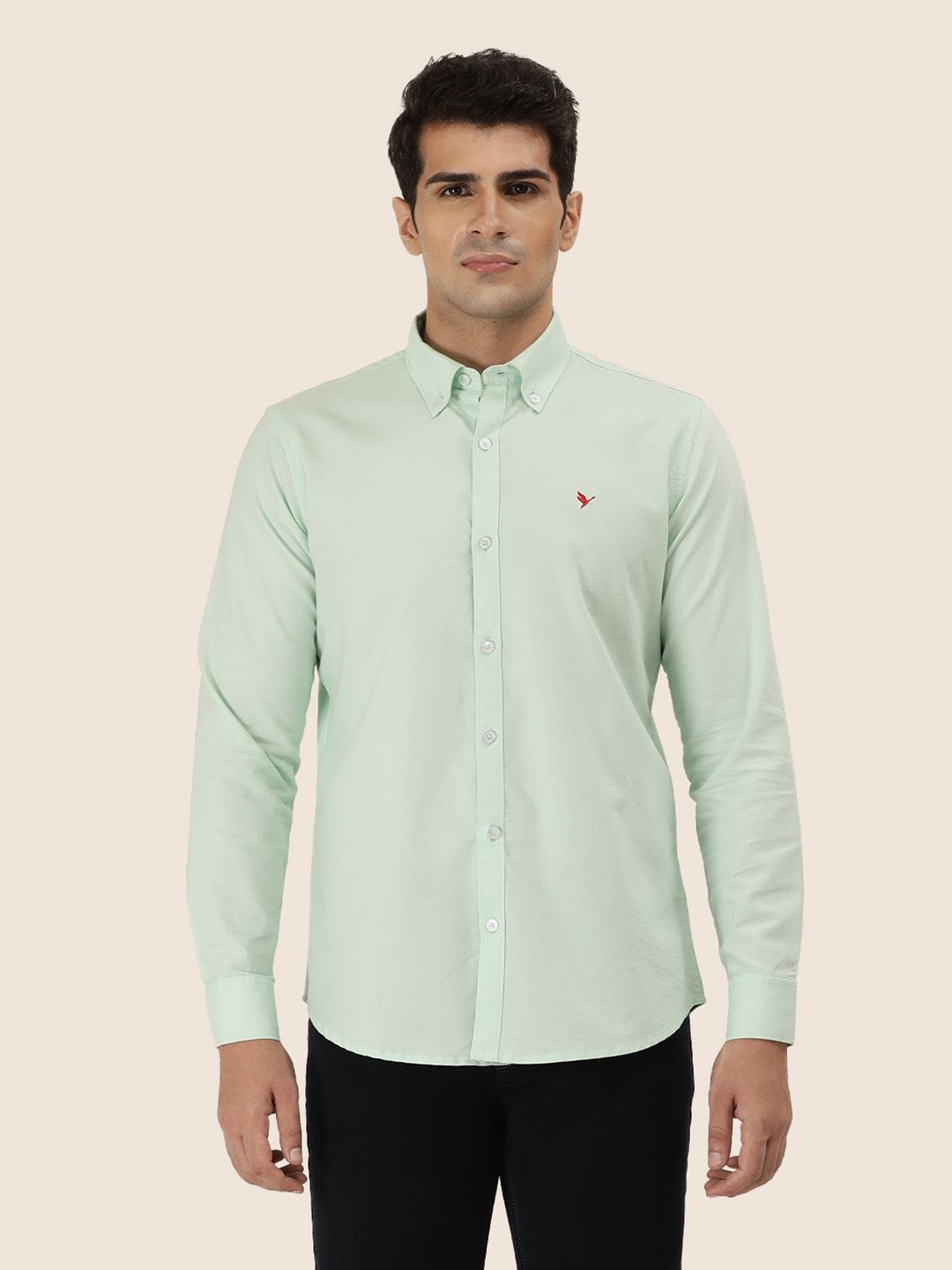 

AMSWAN Men Button-Down Collar Solid Cotton Casual Shirt, Green