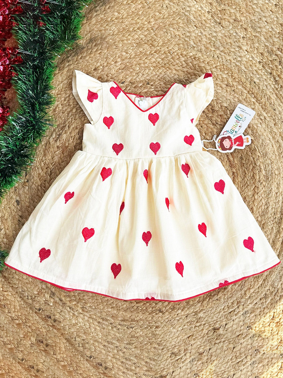 

STANWELLS KIDS Girls Embroidered V-Neck Cotton Fit & Flare Dress, Cream