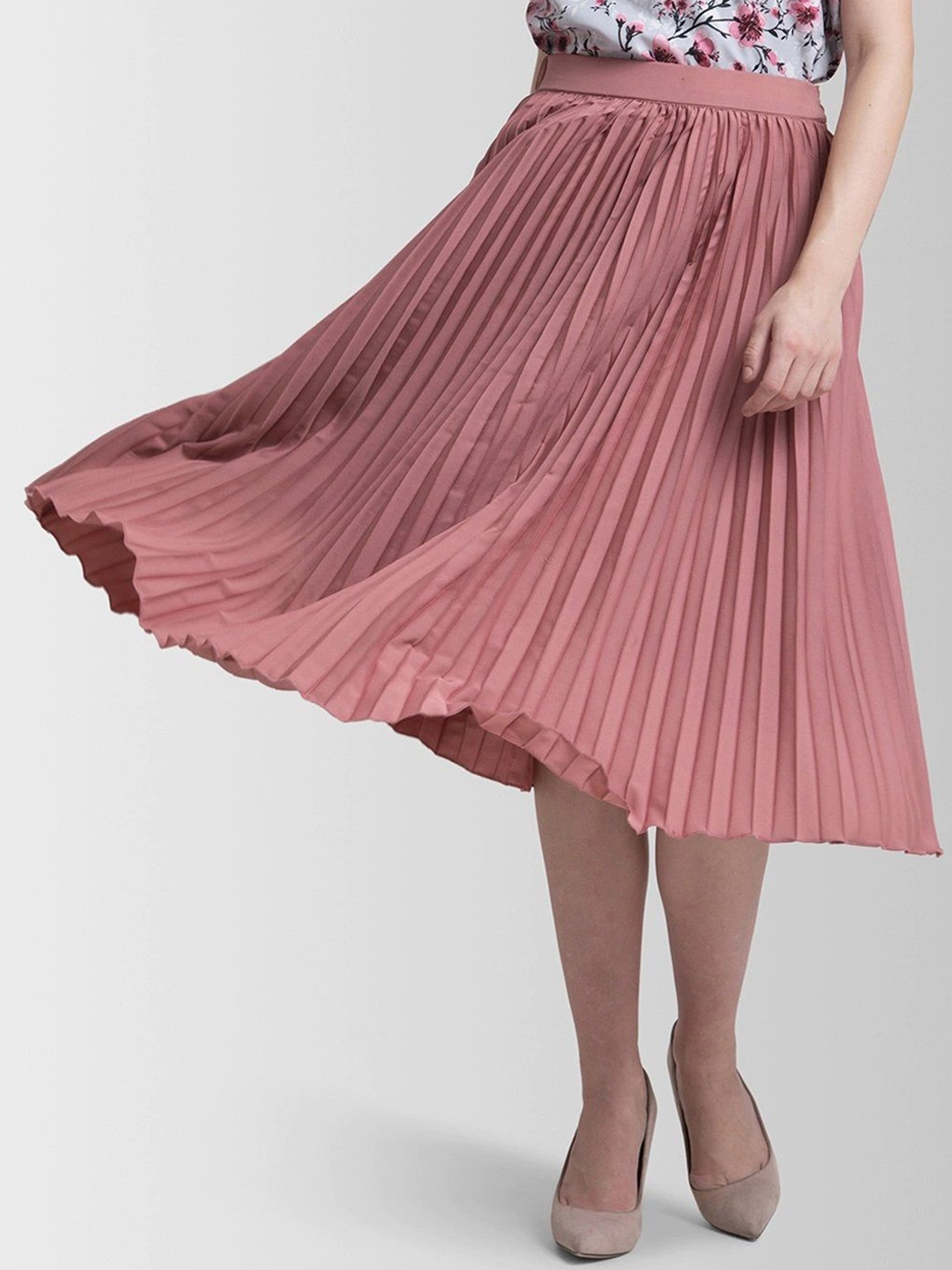 

ZWERLON Pleated A-Line Midi Skirt, Pink