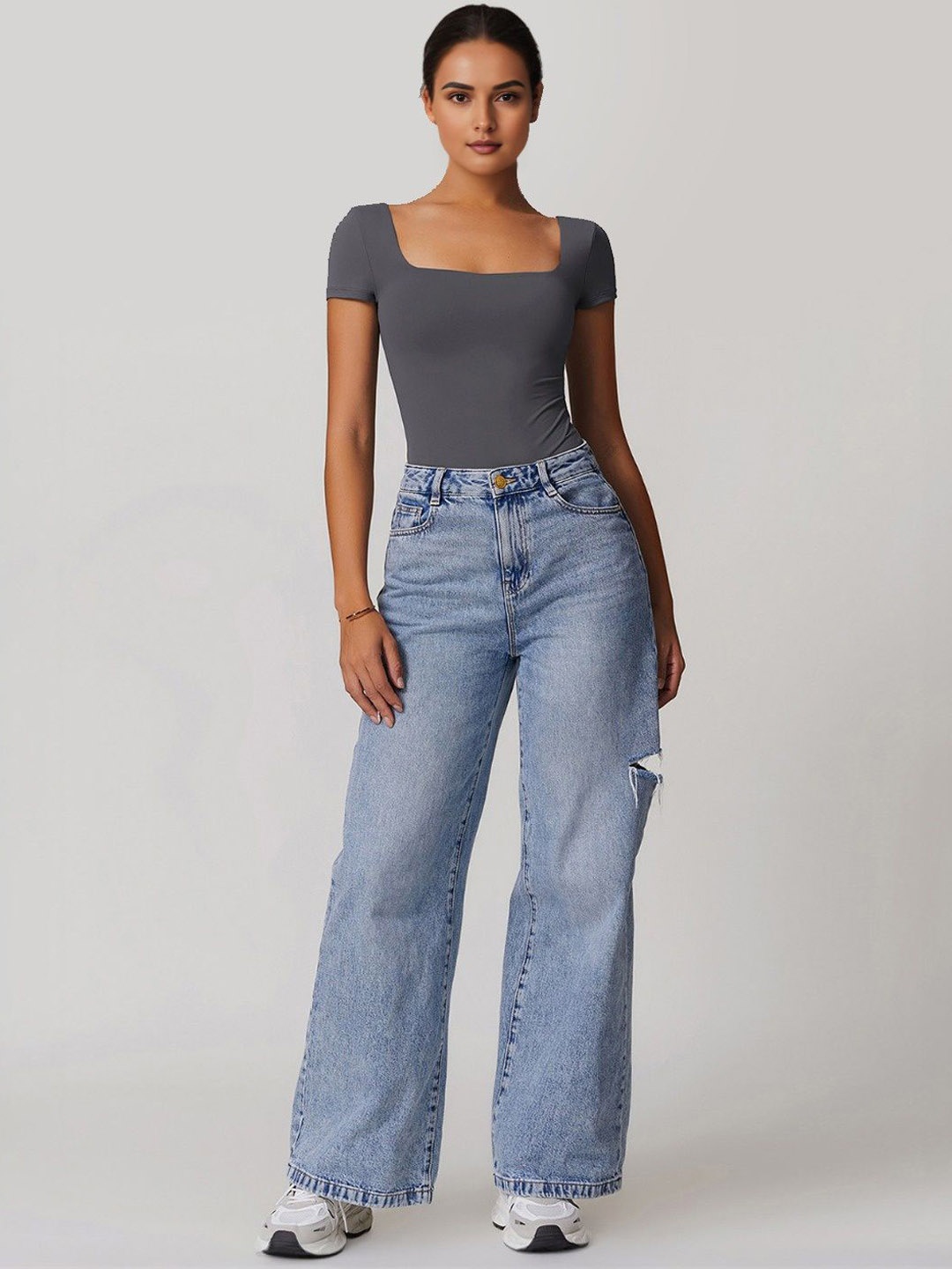 

StyleCast Square Neck Short Sleeve Bodysuit, Grey