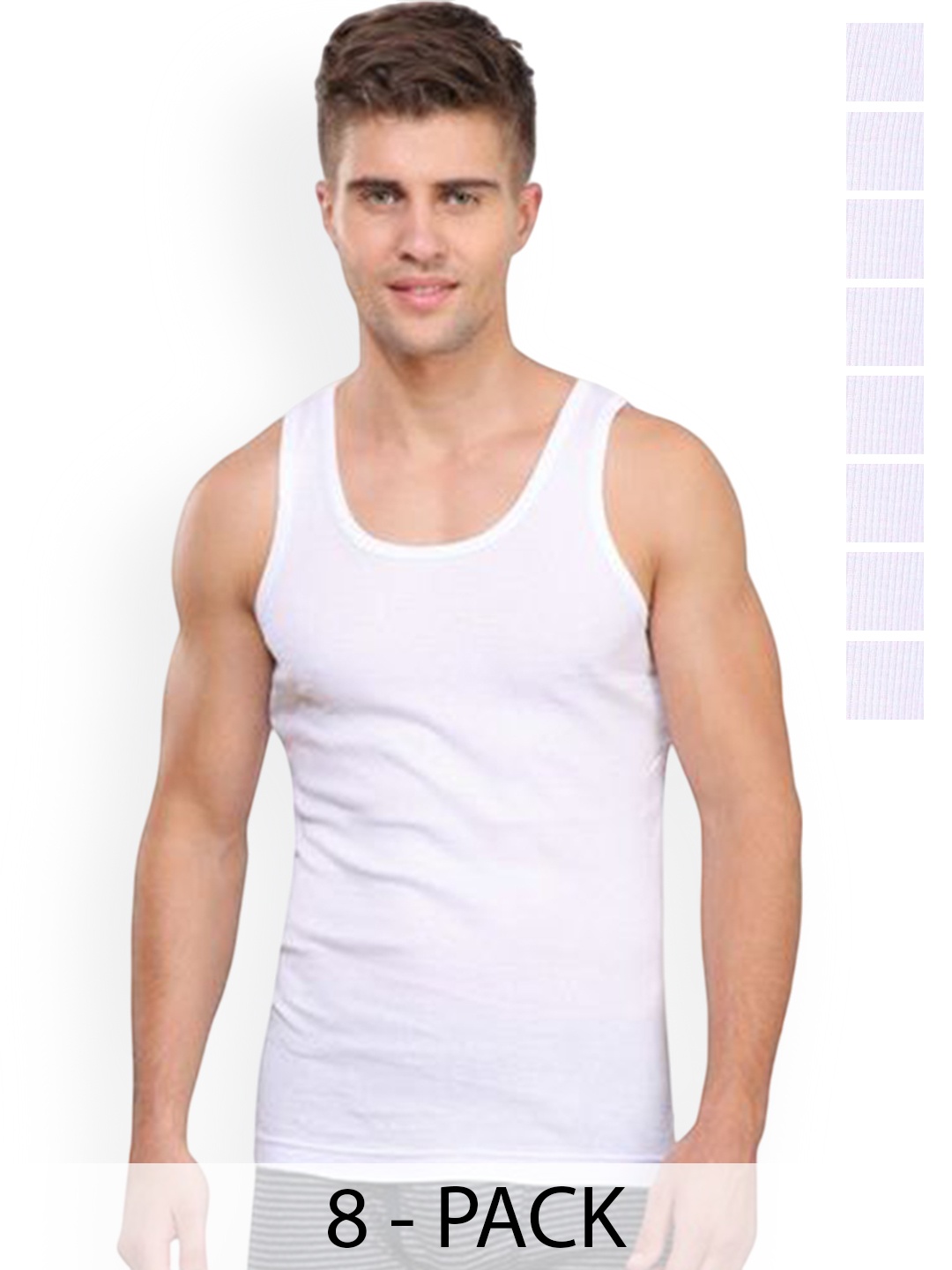 

Rupa Pack Of 8 Striped Pure Cotton Undershirt Vests Frontline-Rib-White-RN-8-75