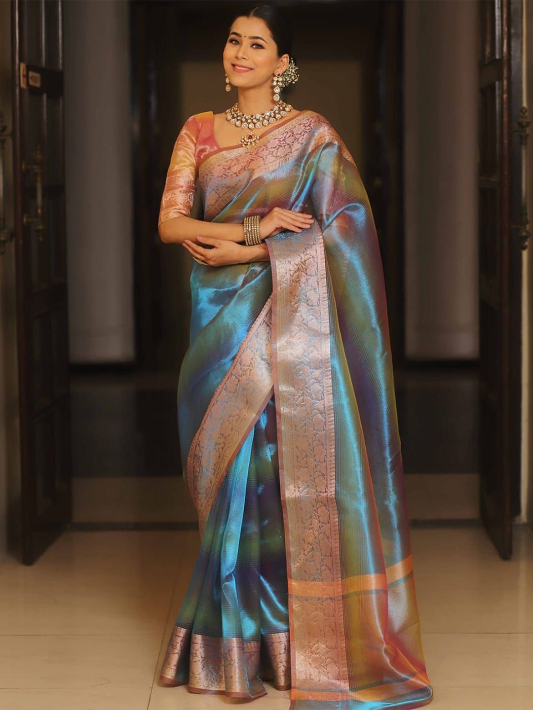 

KALINI Ethnic Motifs Zari Tissue Banarasi Saree, Blue