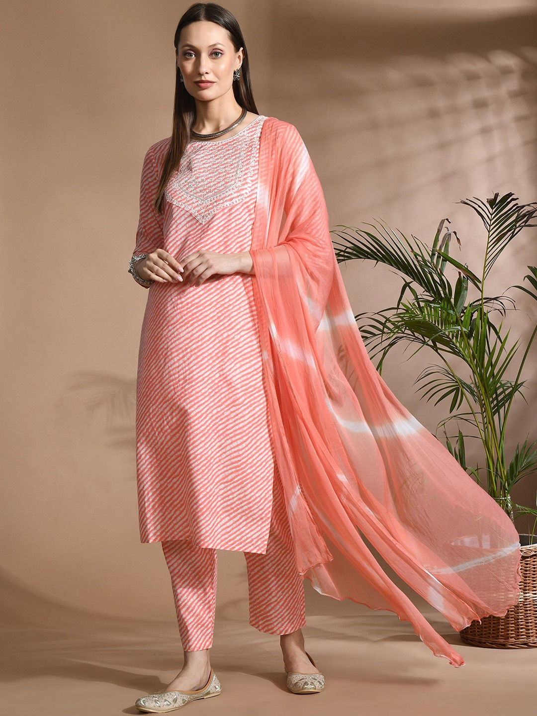 

ASHRU Leheriya Printed Mirror Work Straight Kurta With Trouser And Dupatta, Pink