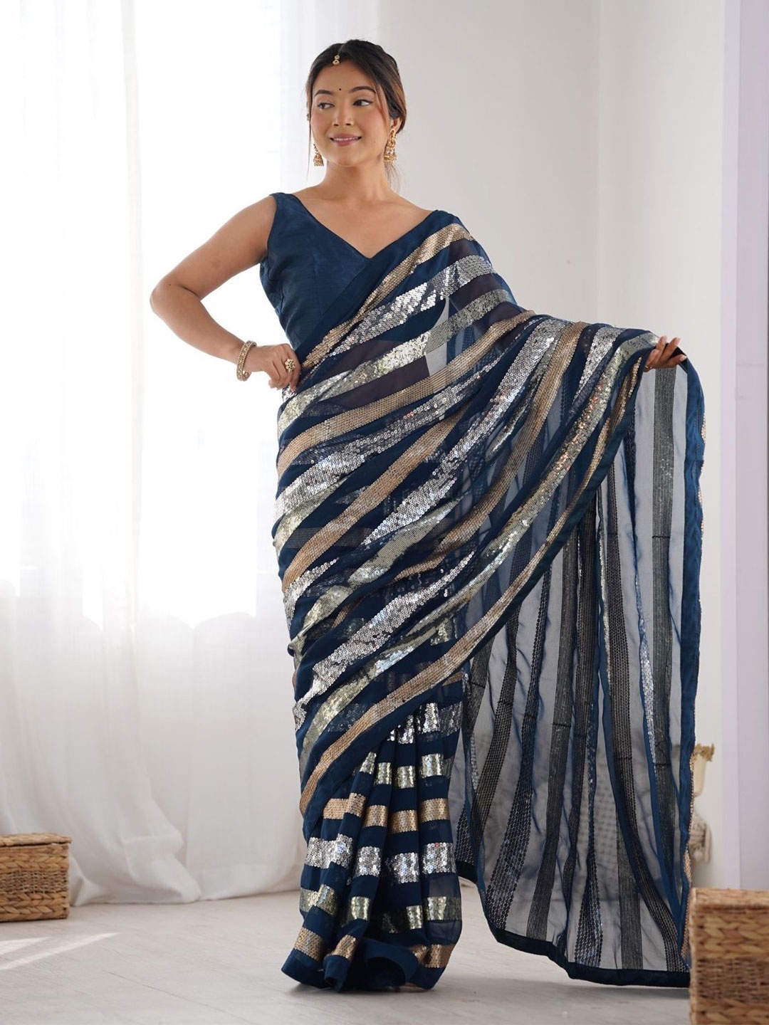 

Odette Dark Blue Georgette Sequins Saree With Unstitched Blouse For Women