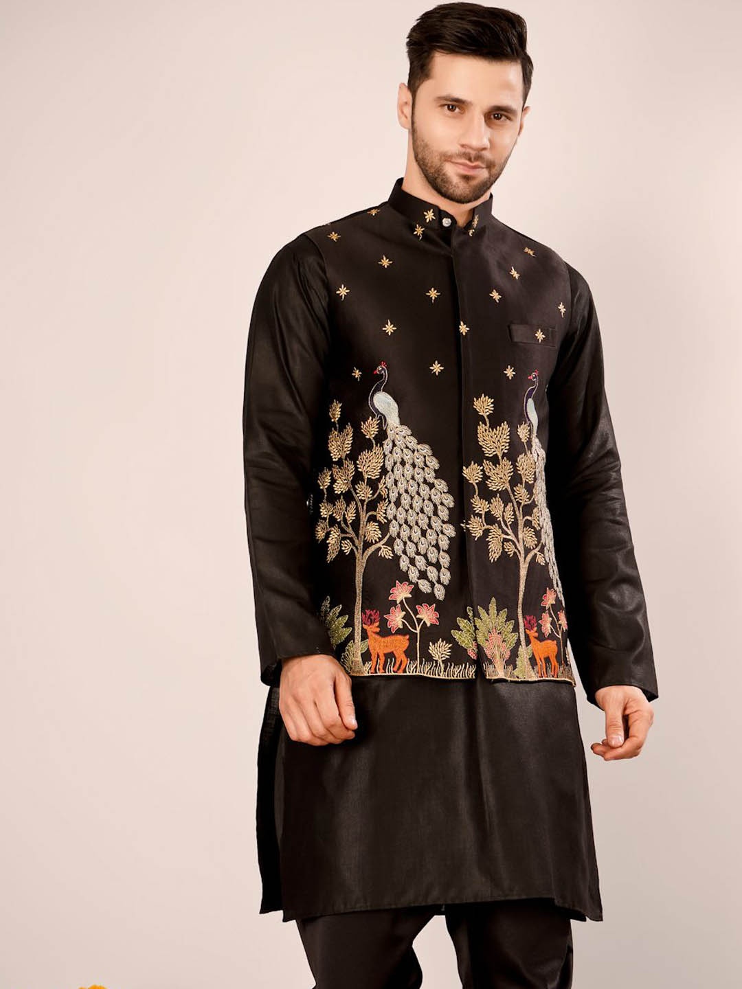 

Wintage Embroidered Banarasi Cotton Black Nehru Jacket
