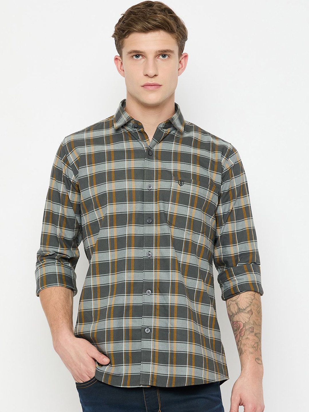 

Duke Men Slim Fit Spread Collar Tartan Checked Cotton Casual Shirt, Grey