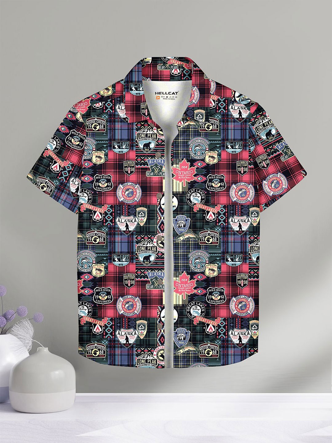 

HELLCAT Boys Spread Collar Graphic Printed Cotton Casual Shirt, Green