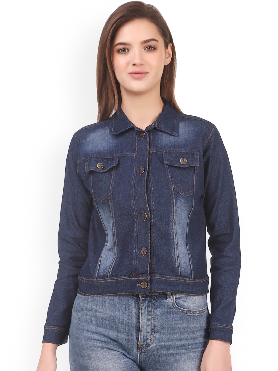 

KASHIAN Women Spread Collar Solid Casual Denim Jacket, Blue