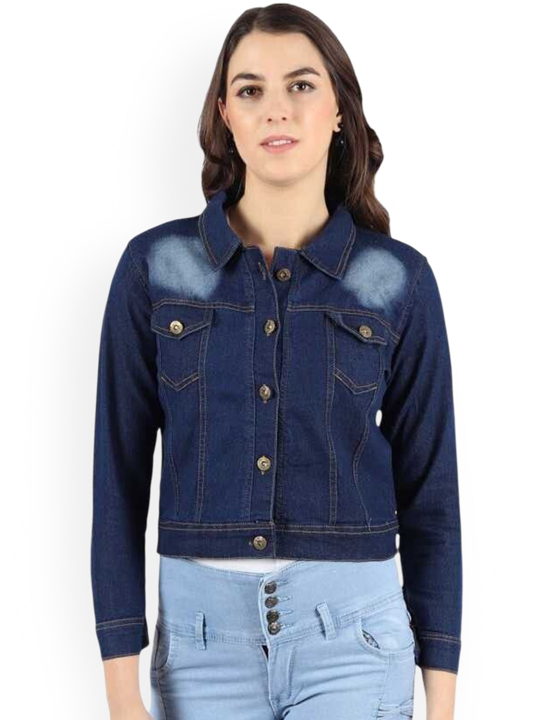 

KASHIAN Women Spread Collar Solid Casual Denim Jacket, Blue