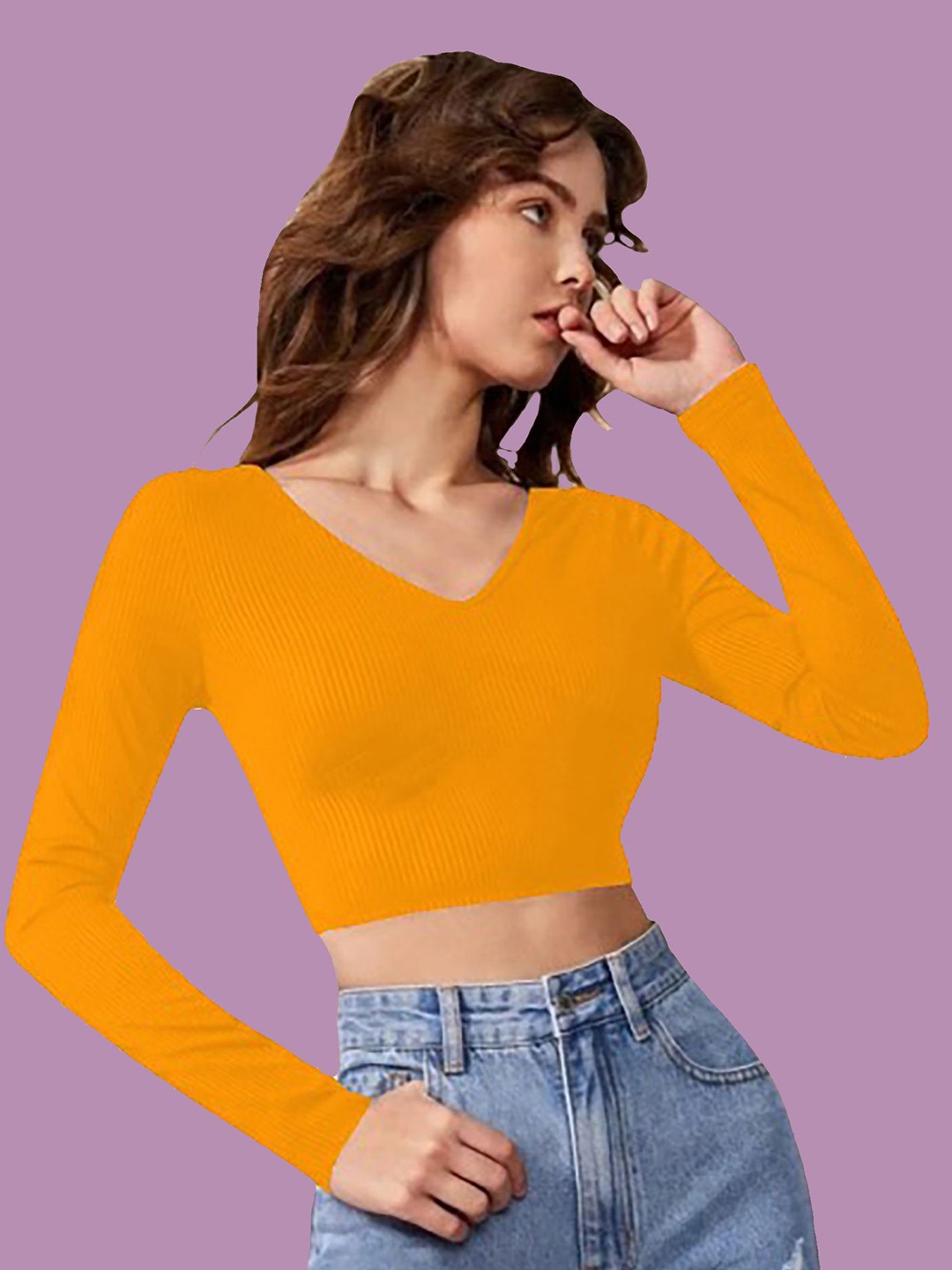 

Dream Beauty Fashion Solid V-Neck Crop Top, Yellow