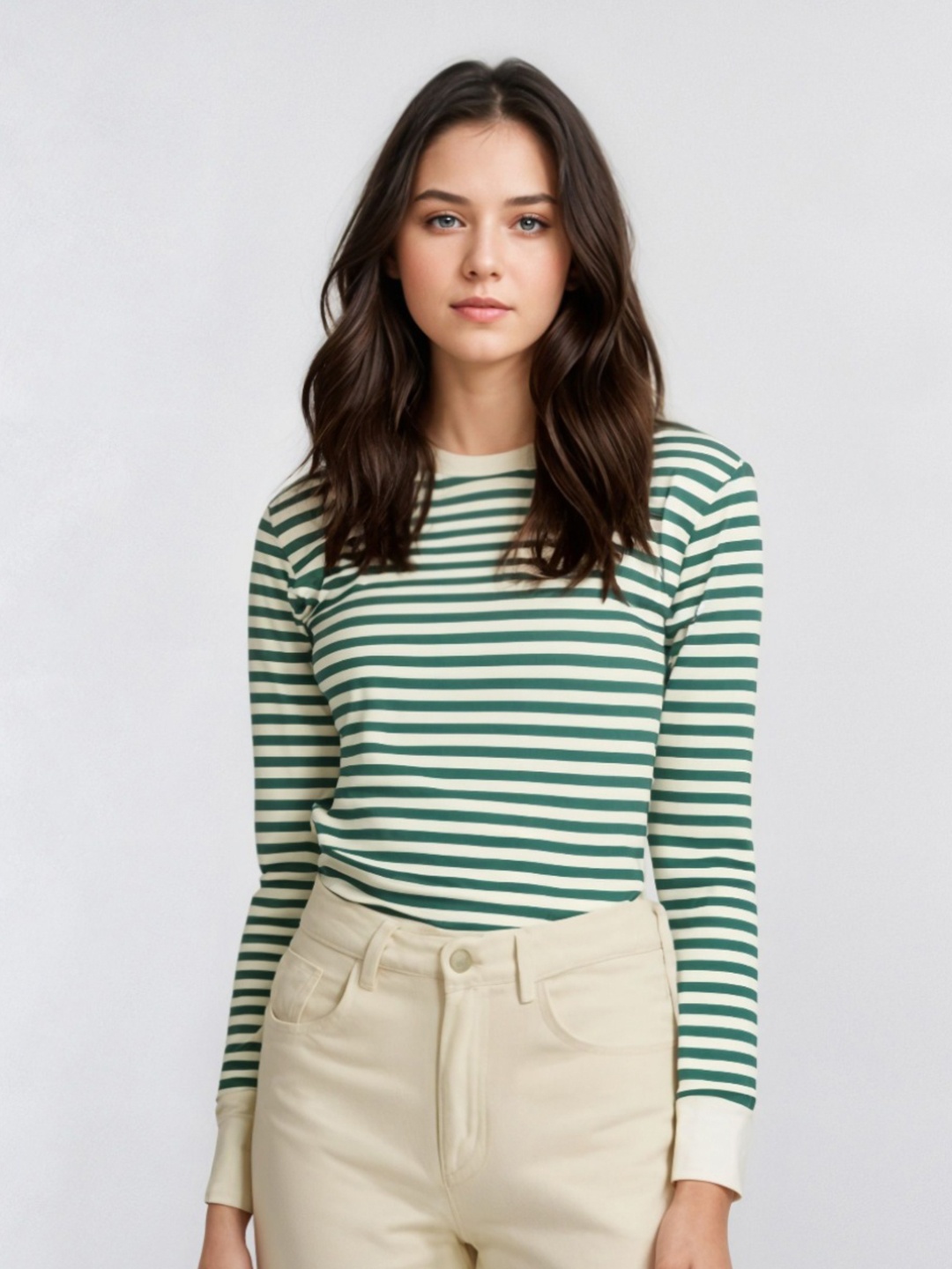 

MACK JONNEY Women Striped Round Neck Cotton T-shirt, Green