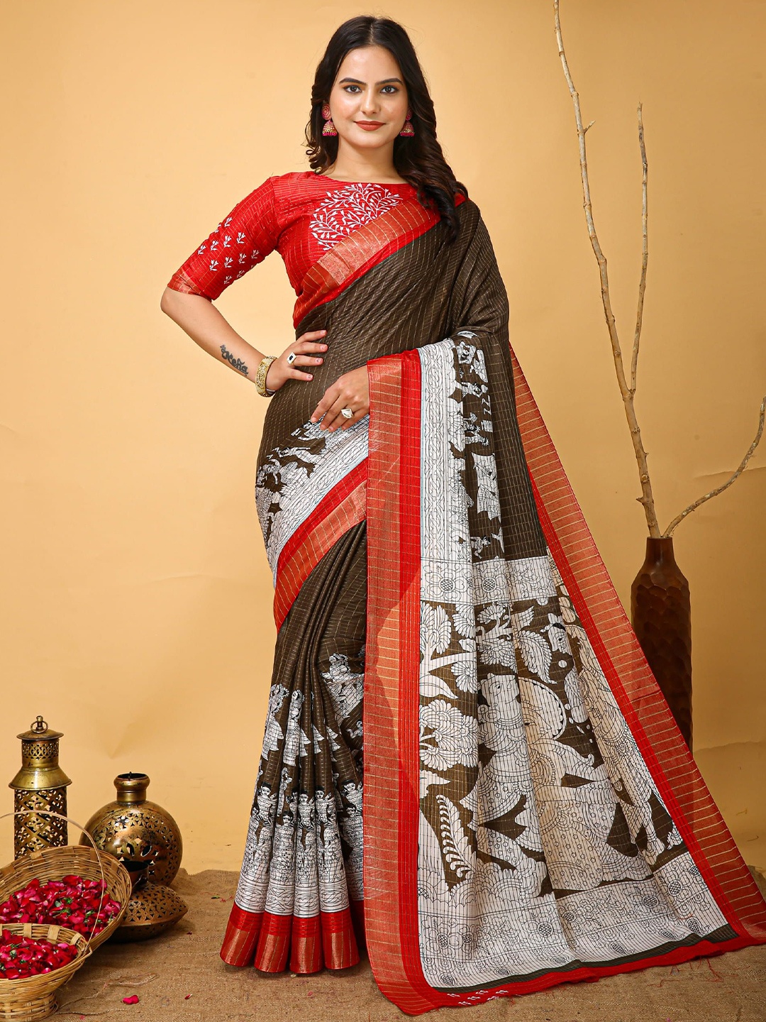 

KALINI Woven Design Zari Art Silk Banarasi Saree, Brown