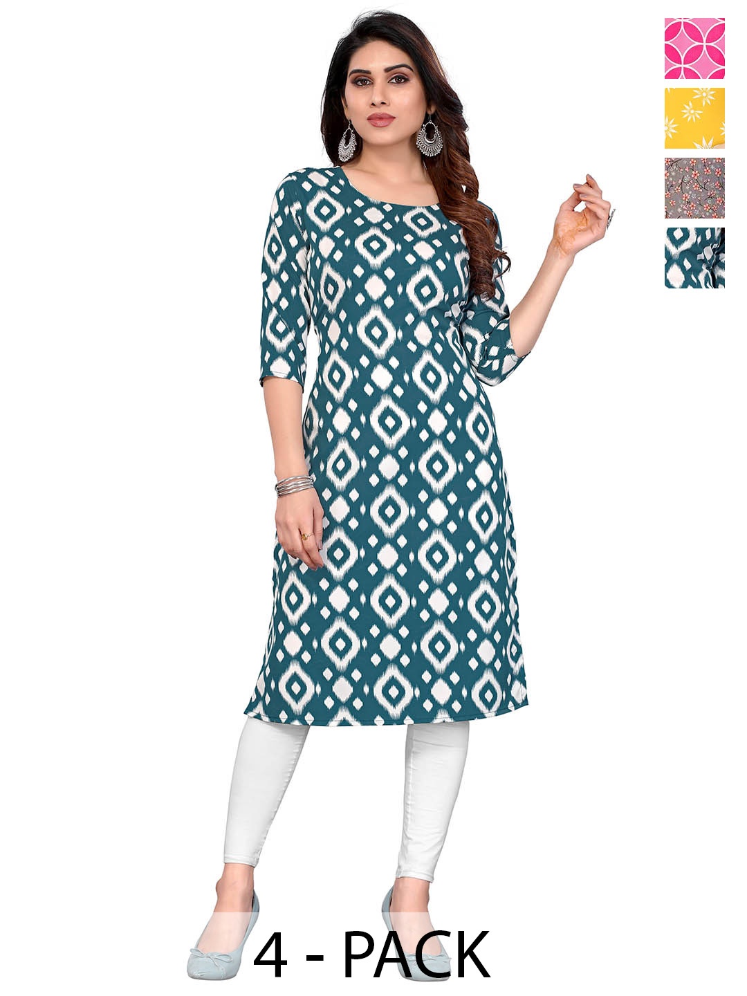 

KETAKI FASHION Selection Of 4 Geometric Printed Round Neck Straight Kurtas, Blue