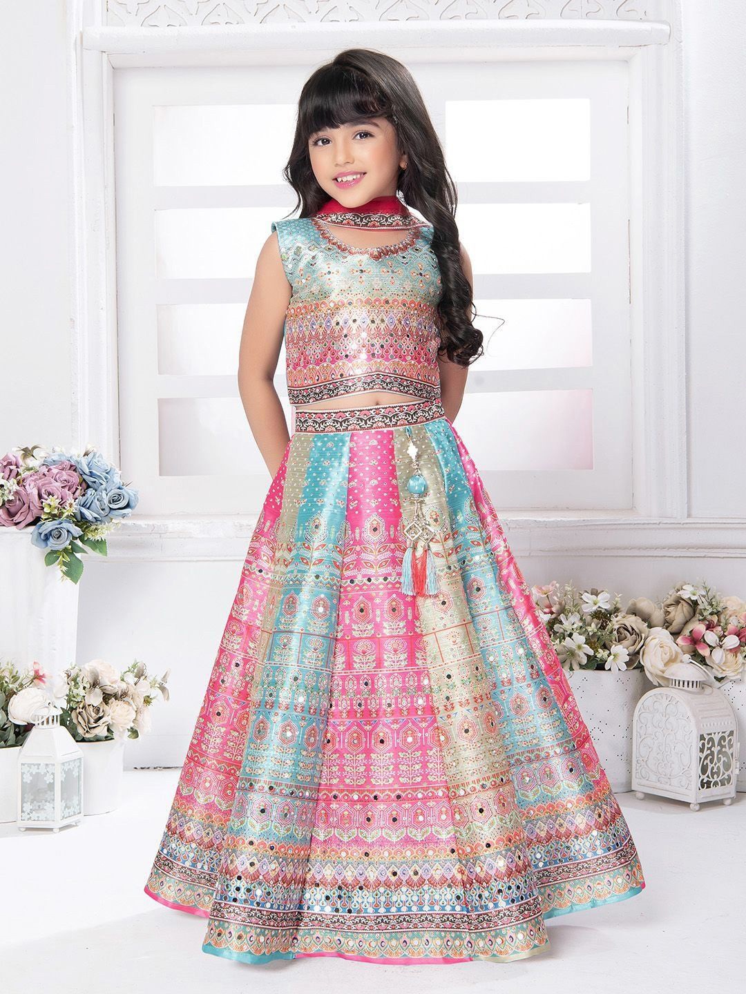 

NKV Girls Printed Mirror Work Sweetheart Neck Art Silk Lehenga With Blouse And Dupatta, Pink