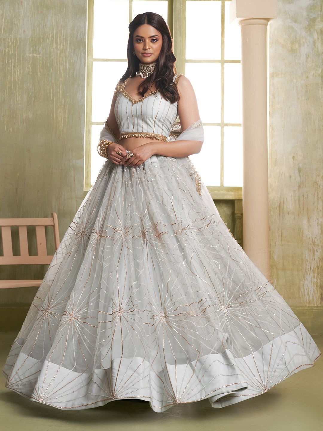 

FABPIXEL Floral Embroidered Sequinned Semi-Stitched Lehenga Choli With Dupatta, Grey