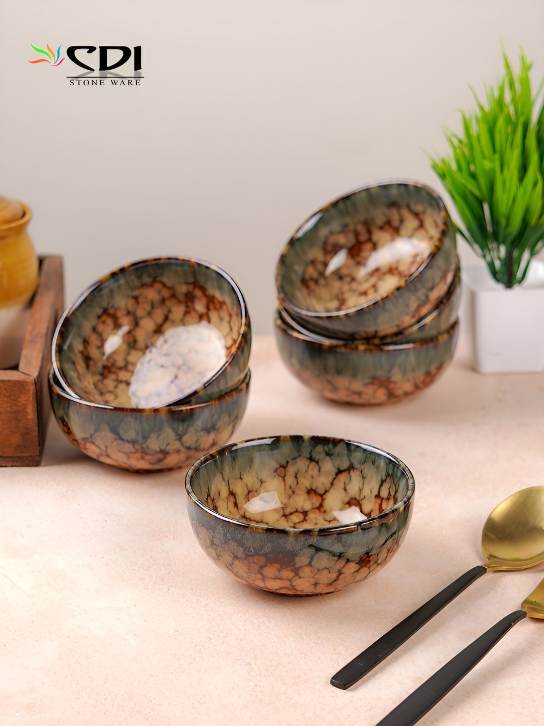 

CDI Brown & Green 6 Pieces Textured Ceramic Serving Bowls 180ml Each