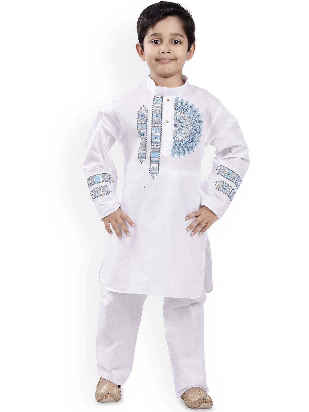 

BAESD Boys Geometric Yoke Design Mandarin Collar Kurta With Pyjamas, White