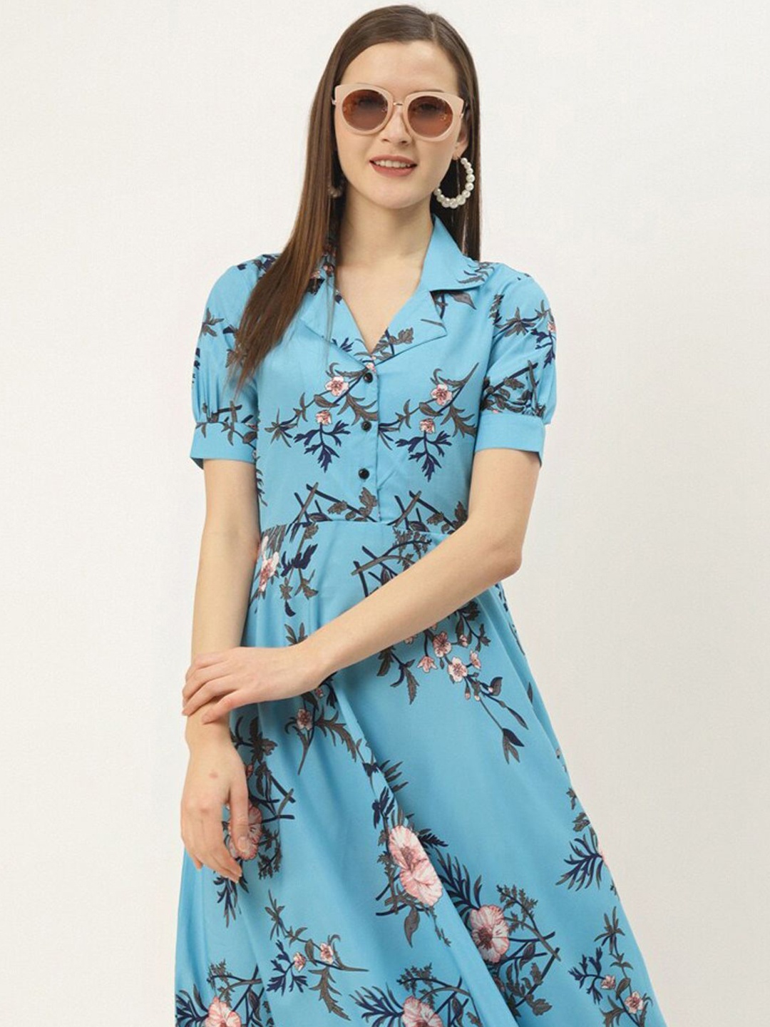 

DressBerry Women Floral Printed Shirt Collar A-Line Midi Dress, Blue