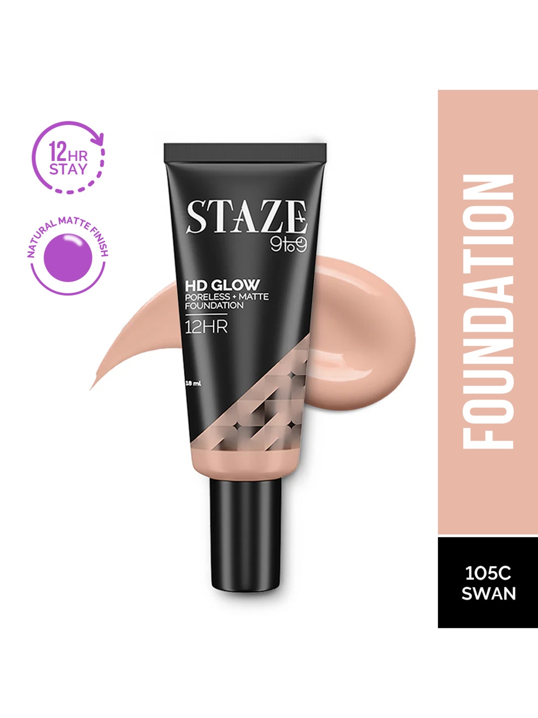 

STAZE 9to9 HD Glow Poreless + Matte Sweatproof Foundation 18 ml - Swan 105C, Nude