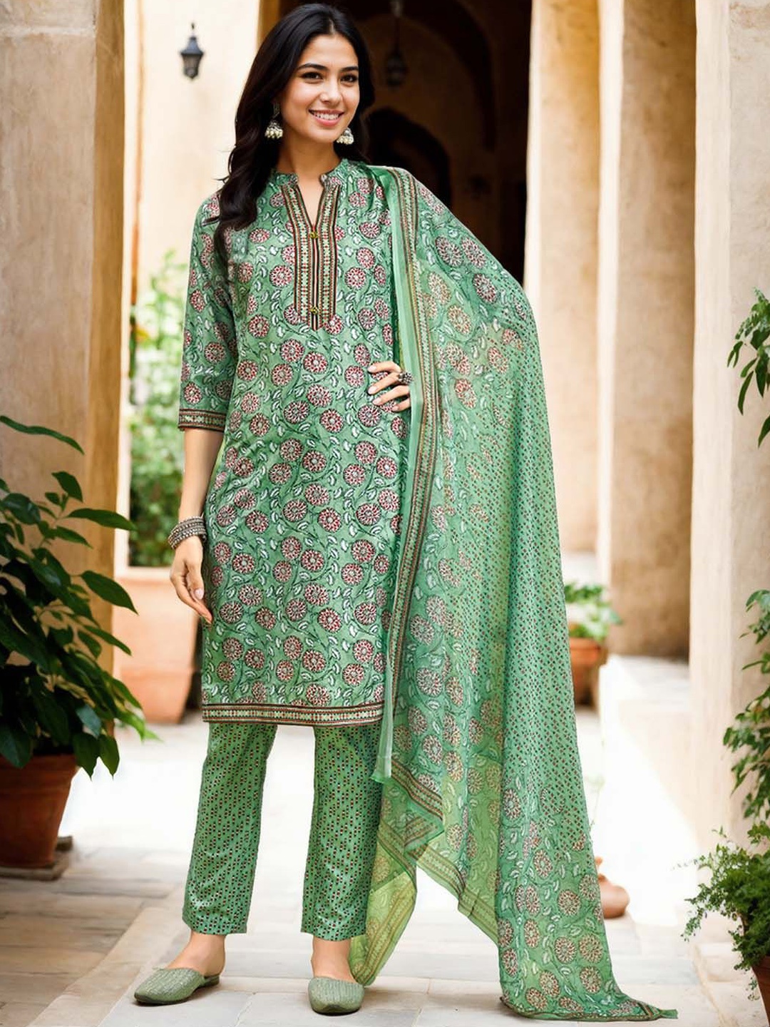 

Anouk Rustic Floral Printed Mandarin Collar Straight Kurta With Trousers & Dupatta, Green