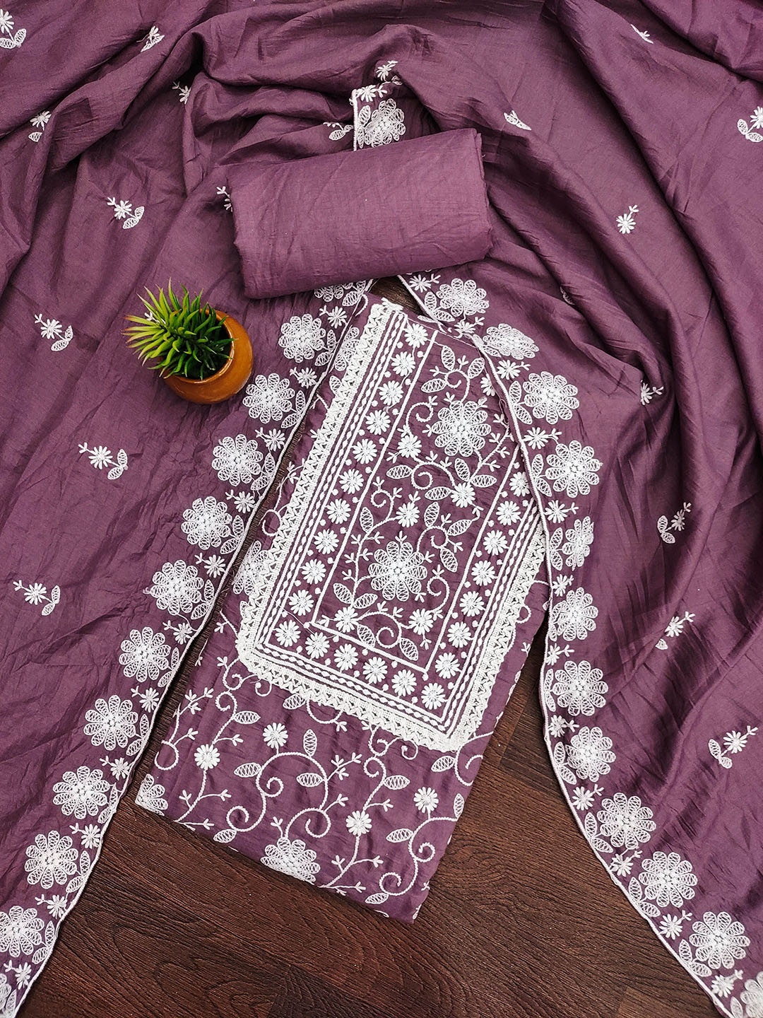 

MANVAA Floral Embroidered Parampara Silk Unstitched Dress Material, Purple