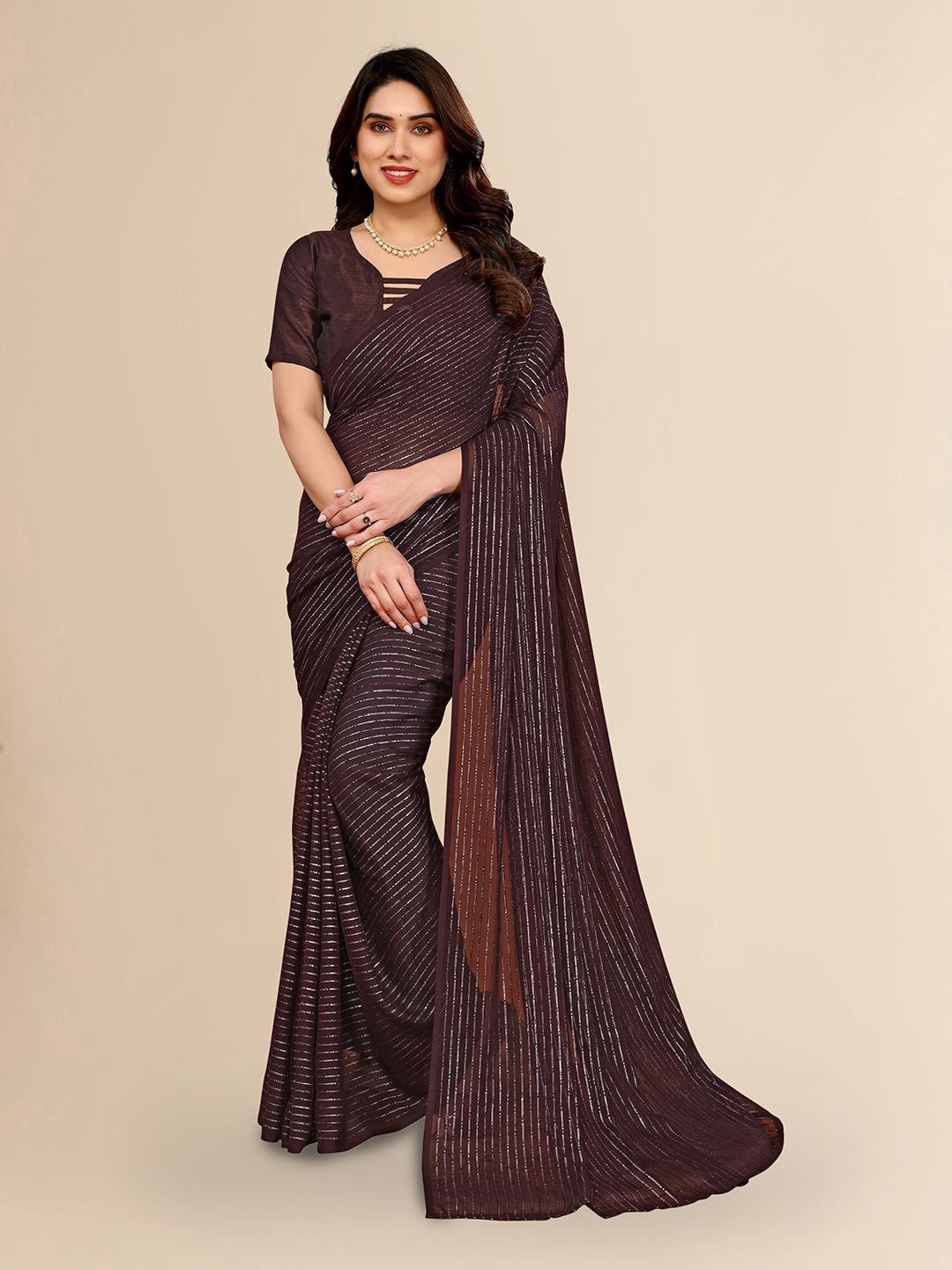 

Moda Rapido Striped Poly Georgette Saree, Brown