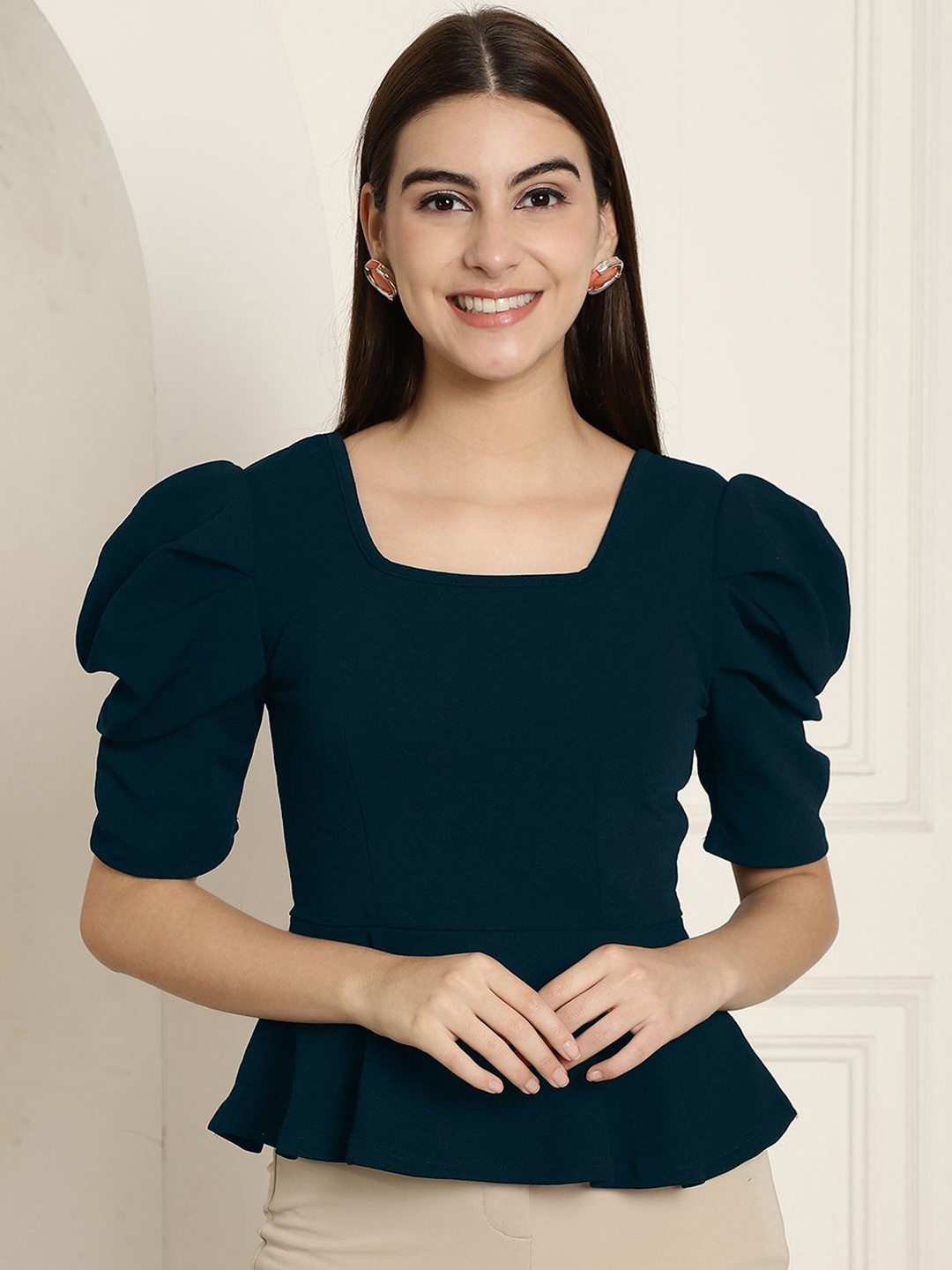 

Tromko Women Solid Square Neck Peplum Top, Teal