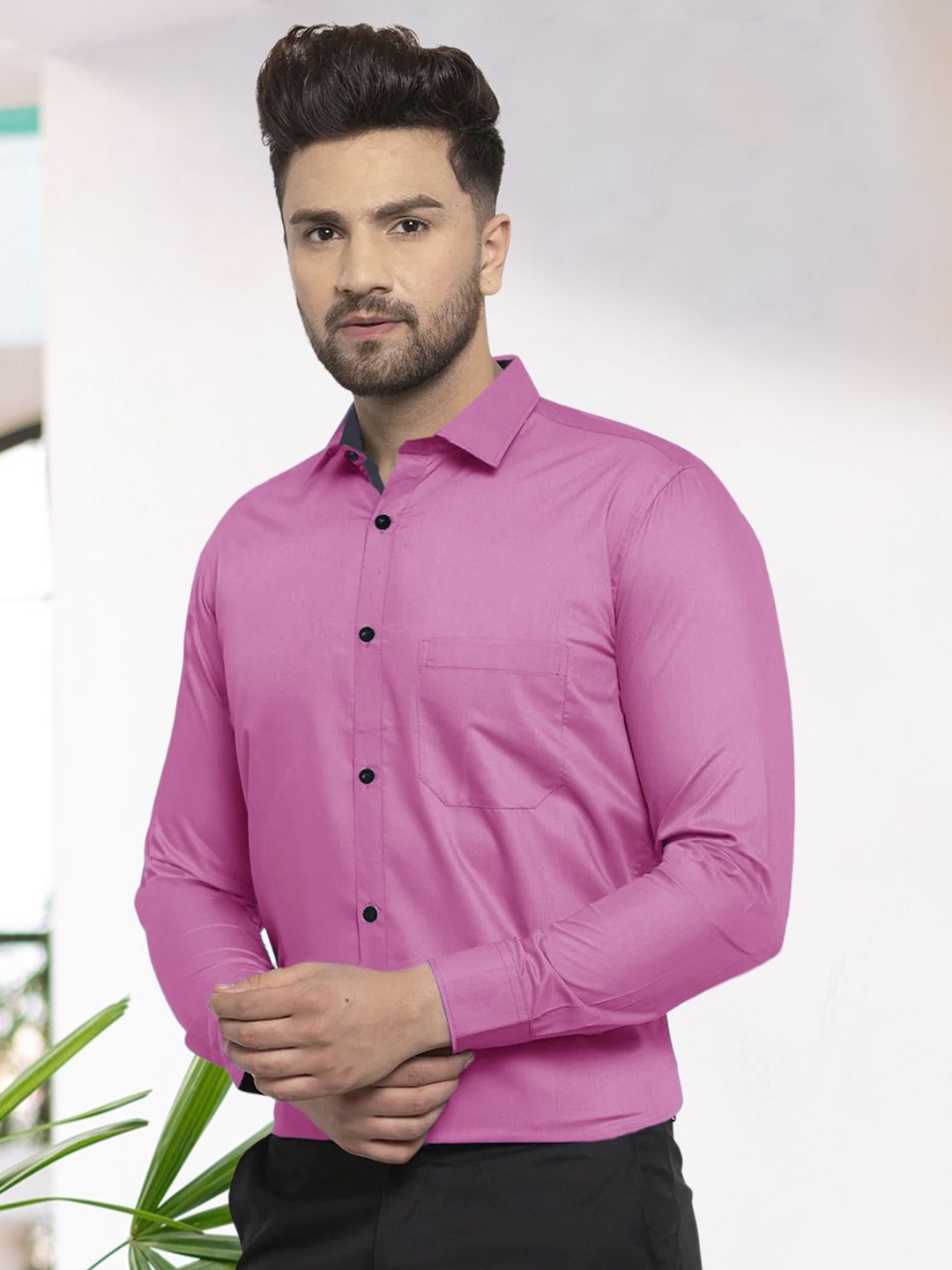 

Moda Rapido Men Standard Fit Spread Collar Solid Cotton Formal Shirt, Pink