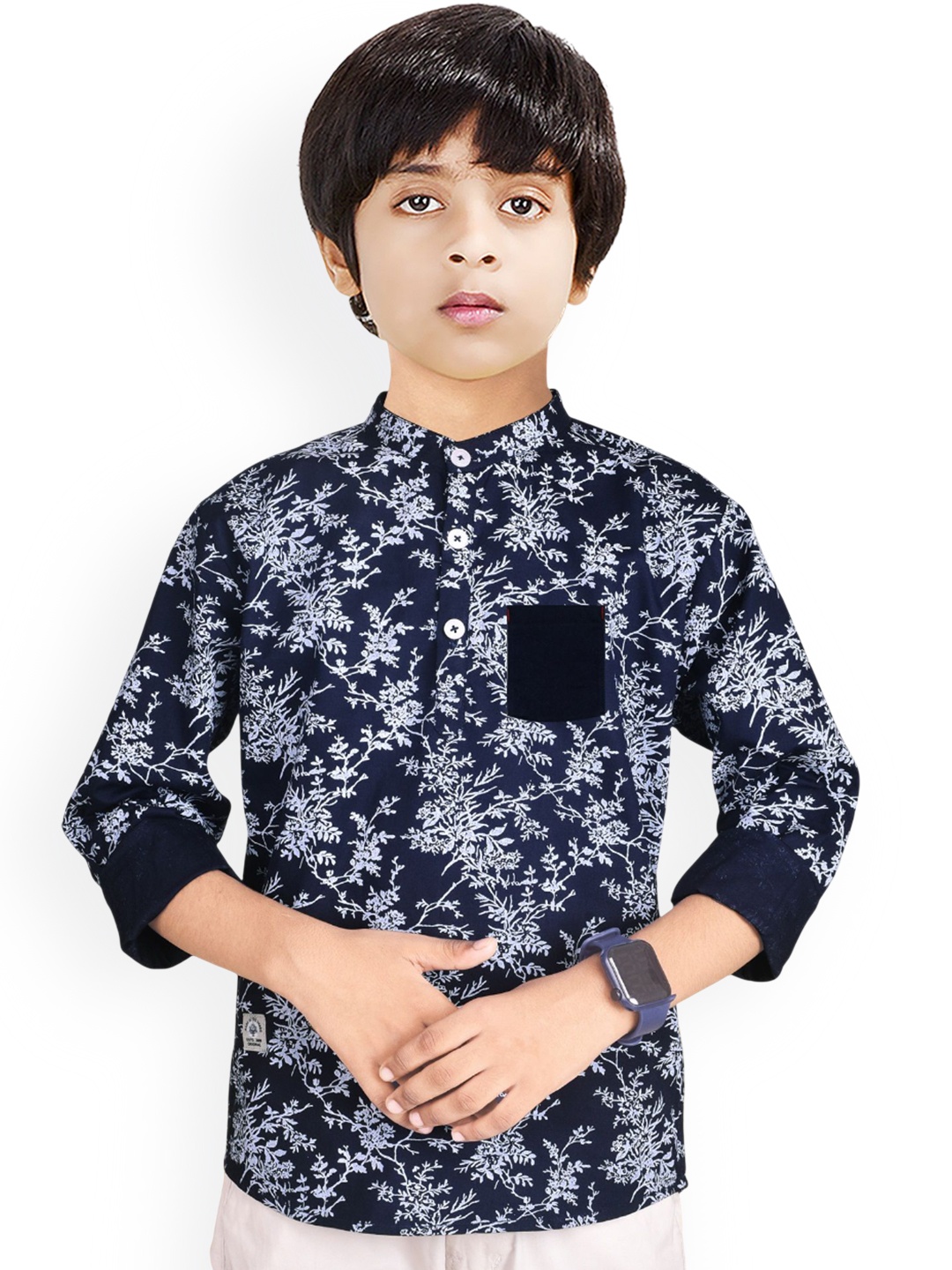 

MADE IN THE SHADE Boys Floral Printed Band Collar Cotton Straight Kurta, Blue