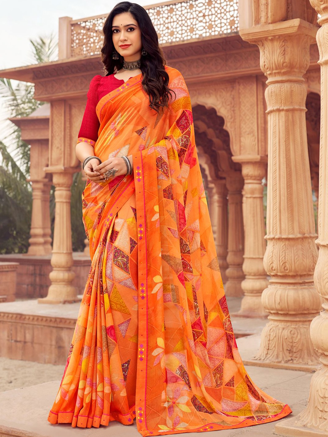 

LeeliPeeri Designer Floral Poly Chiffon Saree, Orange