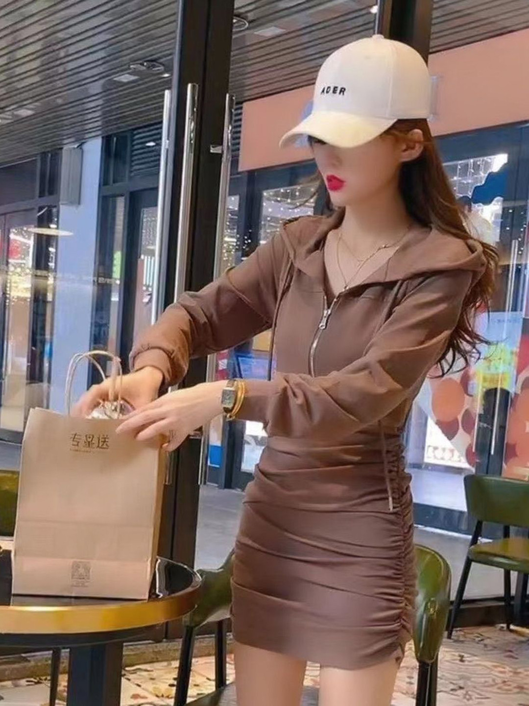 

Mast & Harbour Women Hood Ruched Cuffed Sleeves Bodycon Dress, Brown