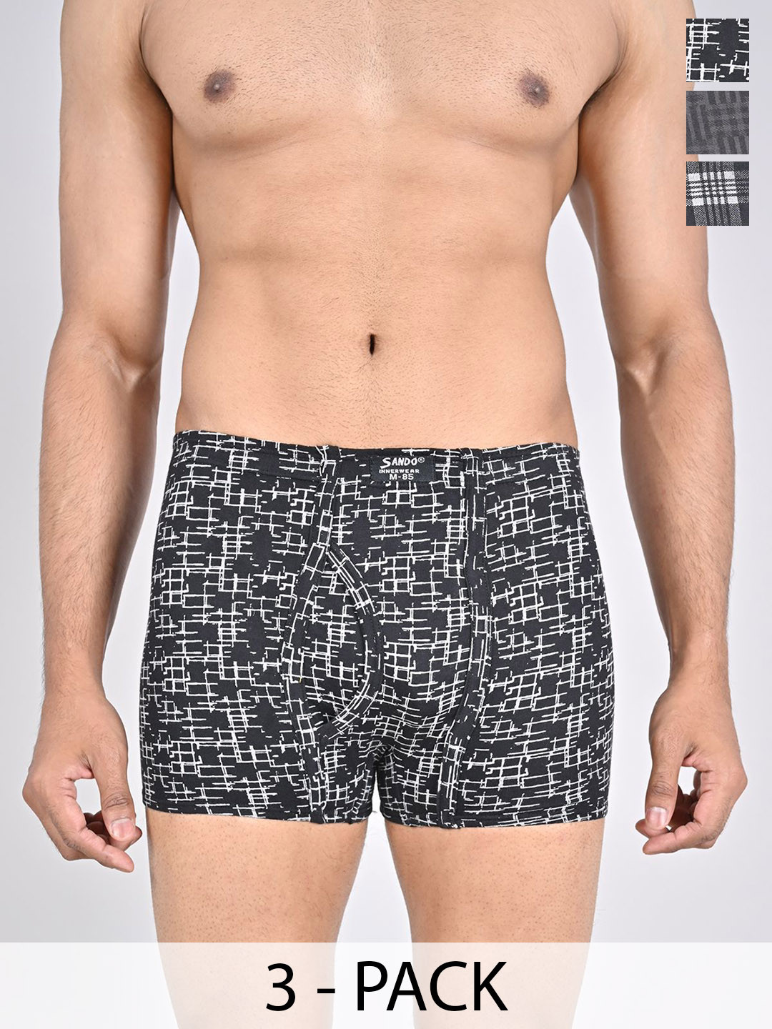 

SANDO Men Pack Of 3 Printed Pure Cotton Trunks, Black