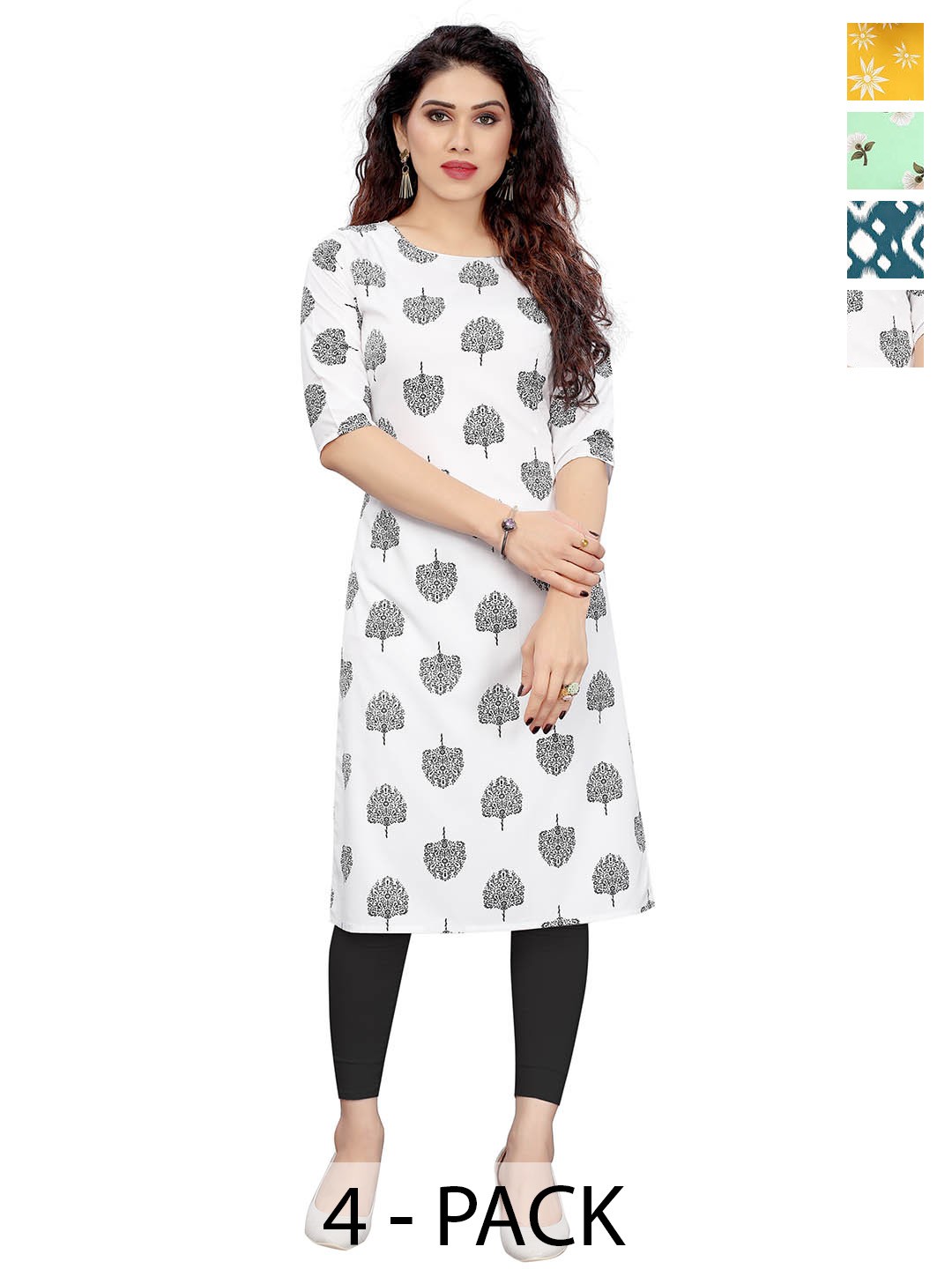

KETAKI FASHION Selection Of 4 Floral Printed Round Neck Straight Kurtas, Green
