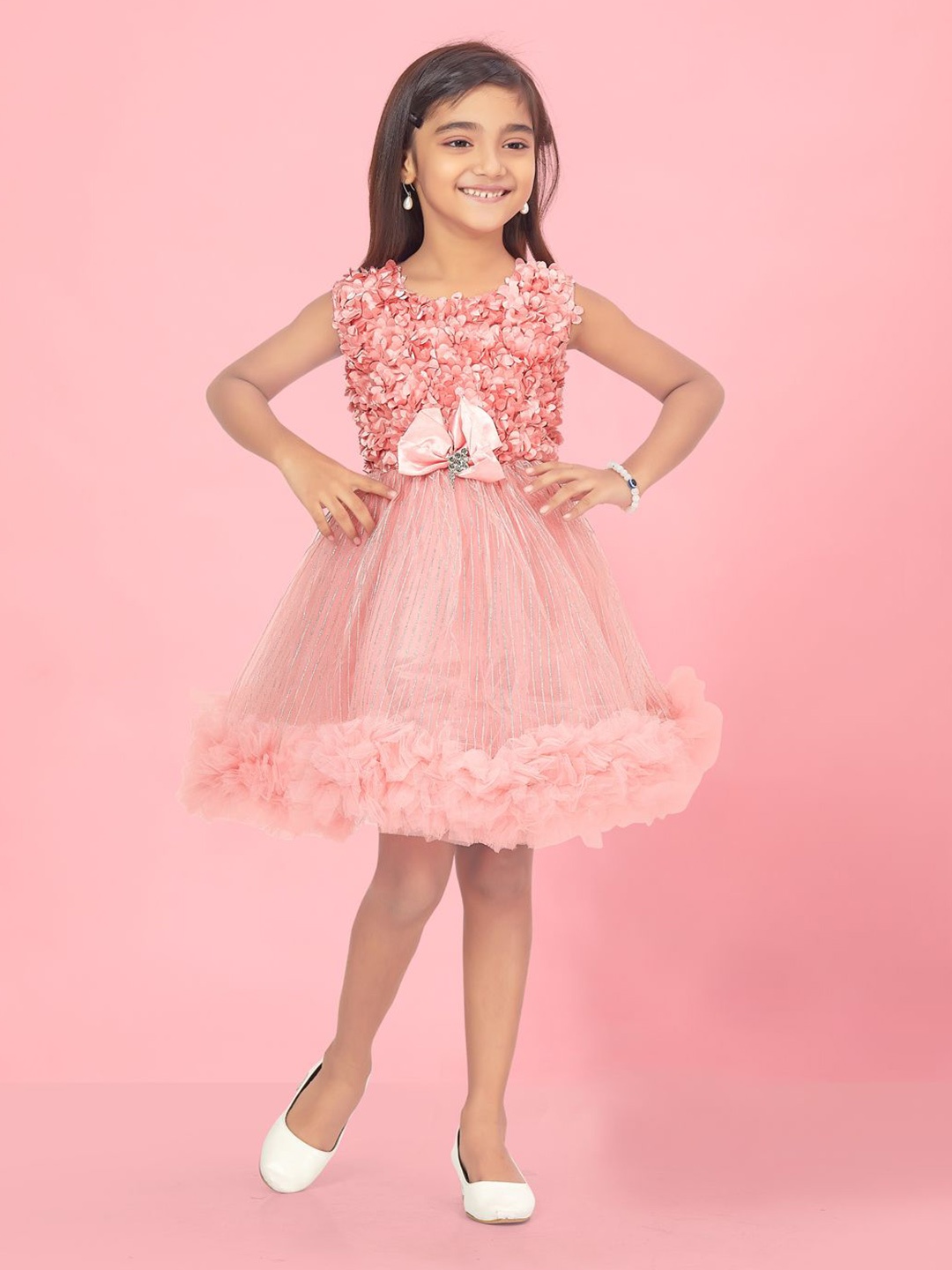 

Aarika Girls Floral Net Fit & Flare Dress, Peach