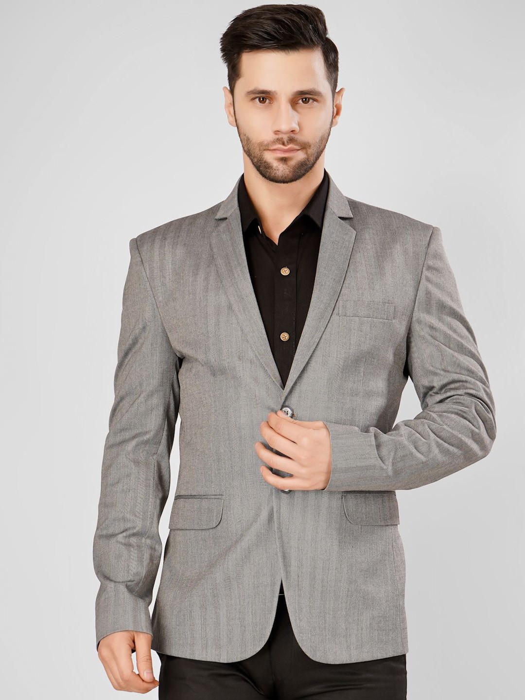 

Wintage Striped Notched Lapel Collar Single-Breasted Blazer, Grey