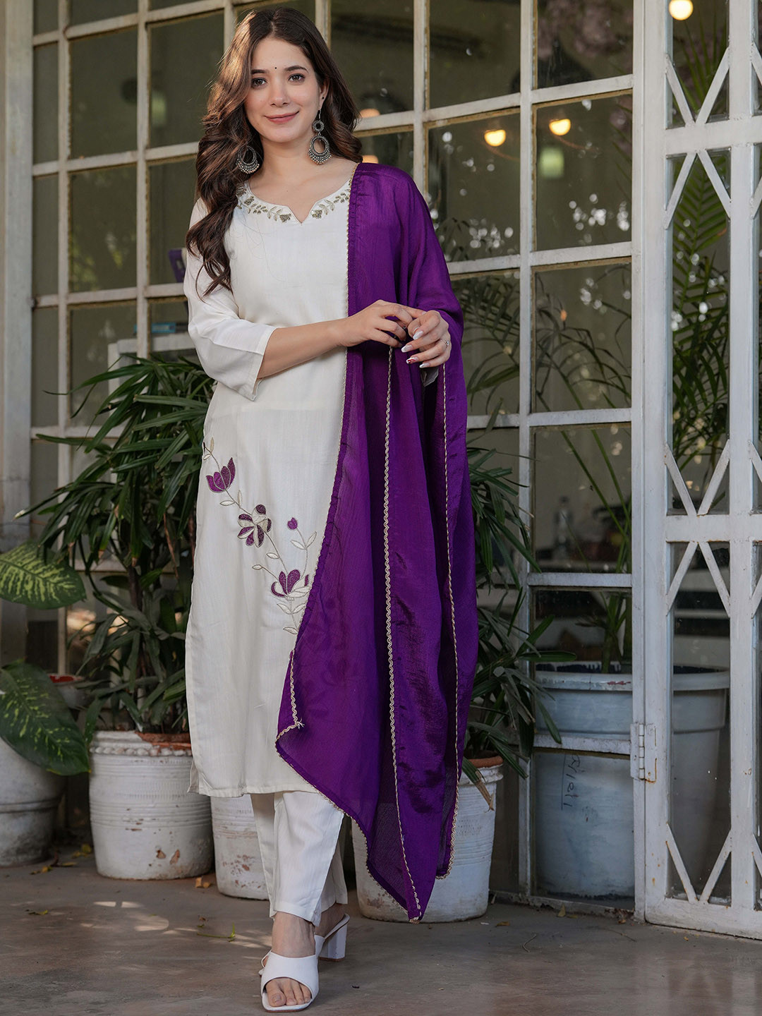 

ZIBLON Floral Embroidered Notch Neck Straight Kurta With Trousers & Dupatta, White