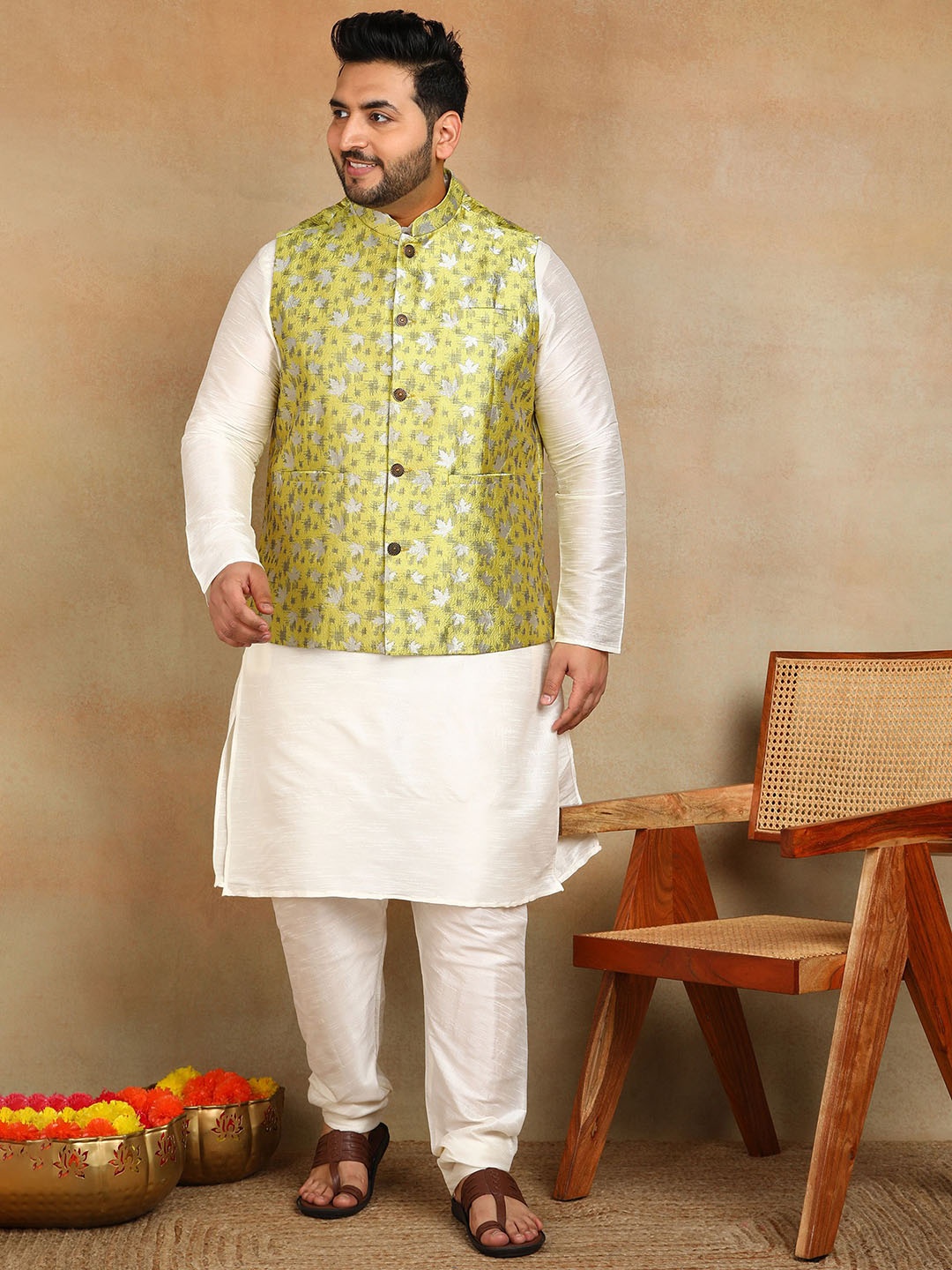 

Sztori Men Woven Design Nehru Jacket, Yellow
