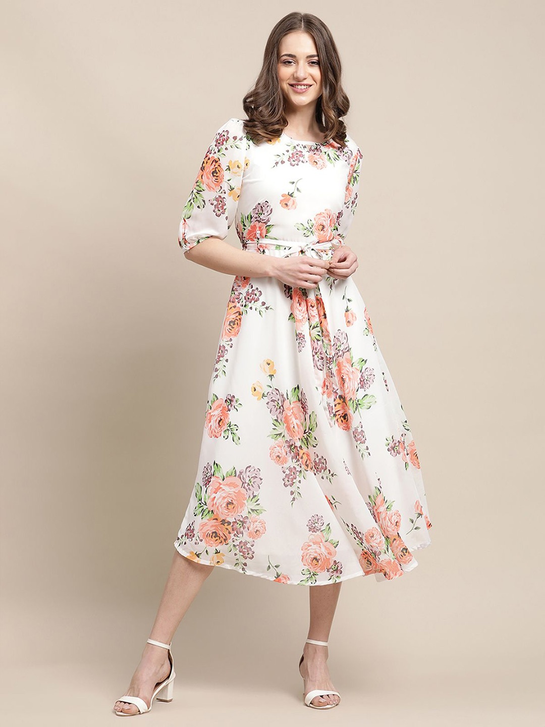 

Metronaut Women Floral Printed Puff Sleeves Fit & Flare Midi Dress with a Belt, Off white