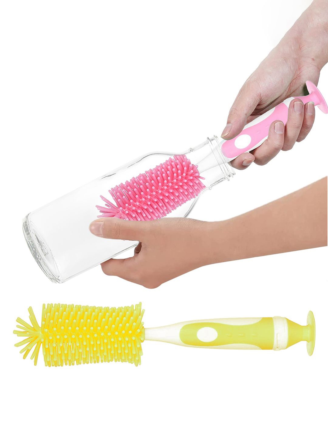 

Kuber Industries Yellow & Pink 2 Pieces Silicone Detachable Bottle Cleaning Brushes