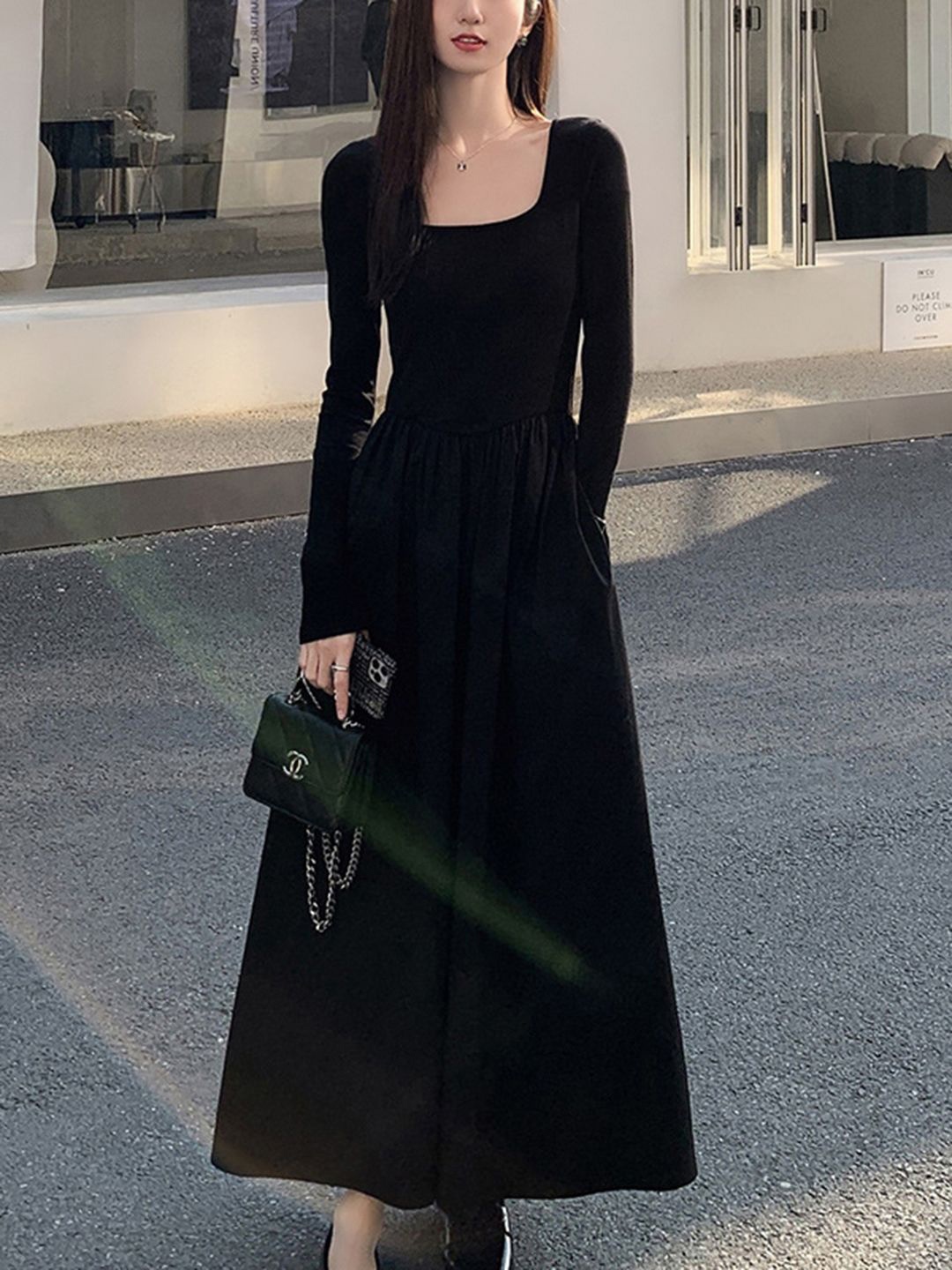 

bebe Women Square Neck Fit and Flare Maxi Dress, Black